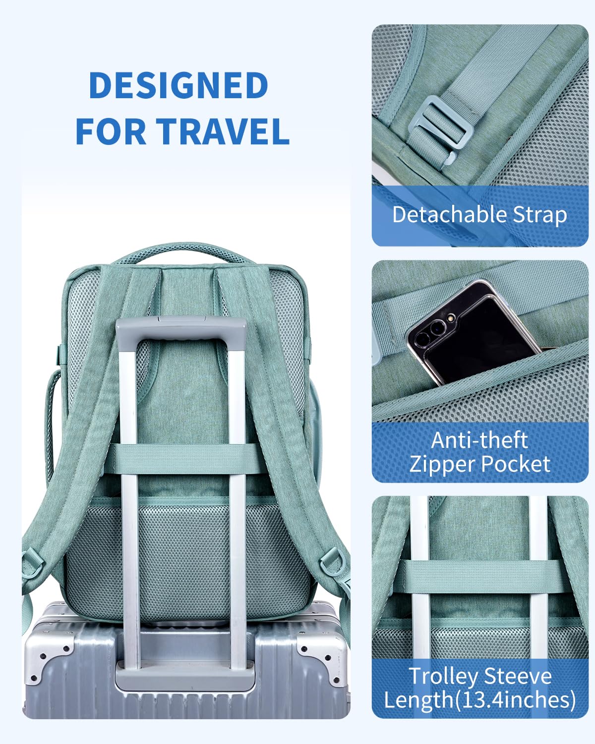 WANDF 18x14x8 Inch Travel Backpack - Approved Spirit Airlines Personal Item Bag with Wet Pocket & Laptop Compartment, Lightweight Carry-On Backpack for Men & Women (Turquoise) - Perfect for Air Travel, Business Trips & Daily Commute
