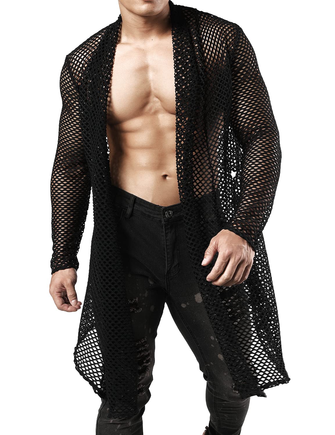 JOGAL Men's Mesh Fishnet Cardigan Fitted Muscle Top - Breathable Workout Shirt for Gym, Running & Streetwear Fashion