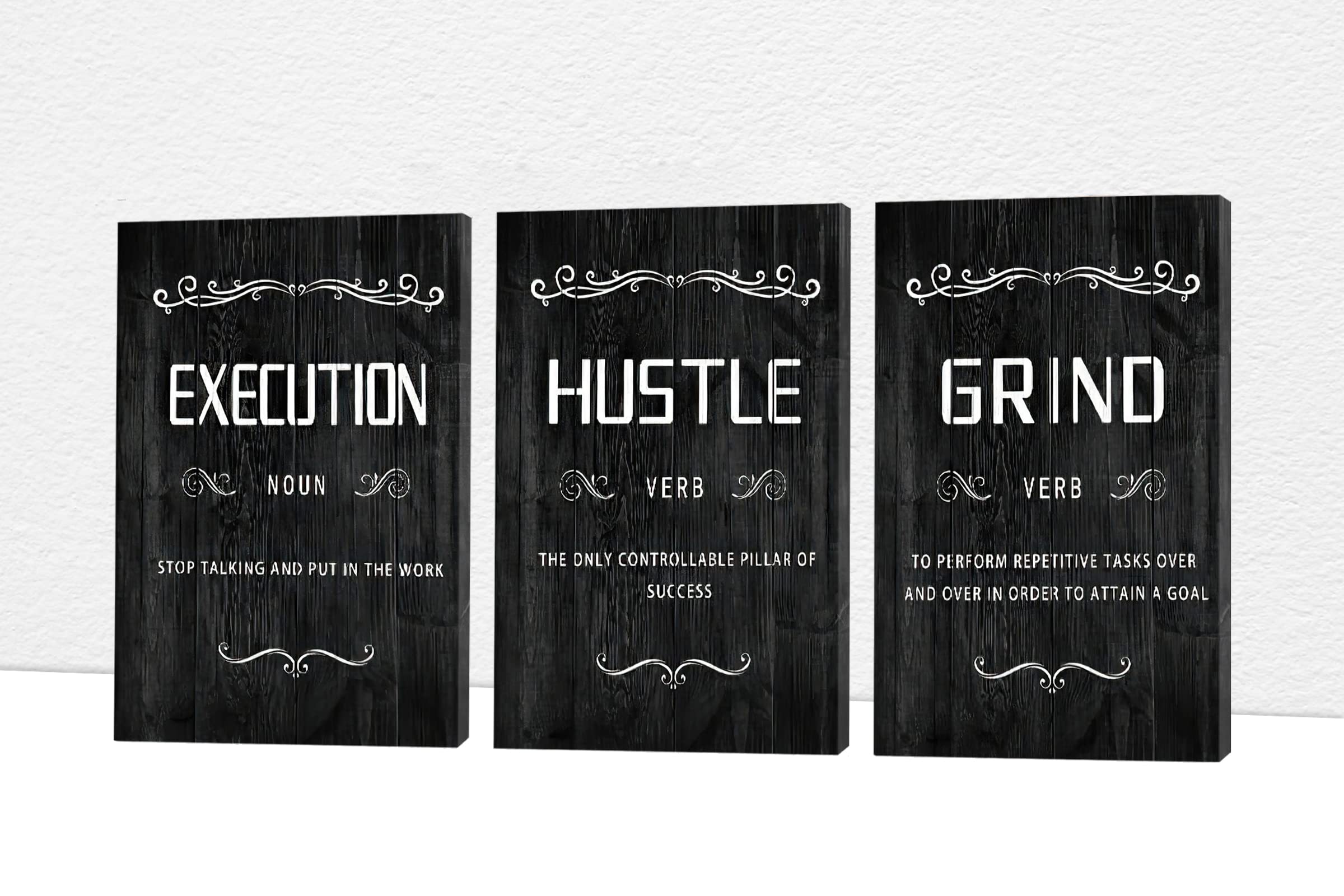 3-Panel Motivational Canvas Wall Art - Grind Hustle Execution Inspirational Quotes for Office & Home Decor (24”x36”x3Pcs) - Perfect for Workplace, Study Room & Living Room Wall Decoration