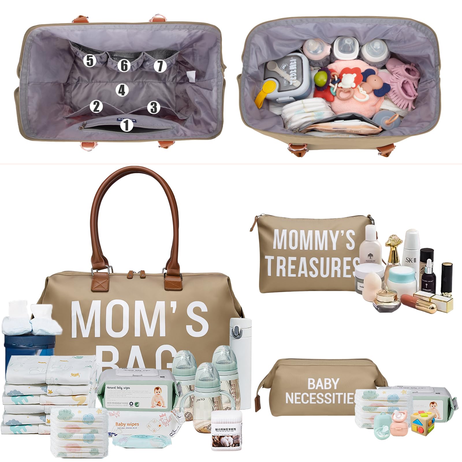 Printe Mom's Hospital Bag for Labor & Delivery - Large Waterproof Diaper Bag with 2 Organizer Pouches (Khaki) - Perfect for Maternity Travel, Baby Essentials & On-the-Go Parenting