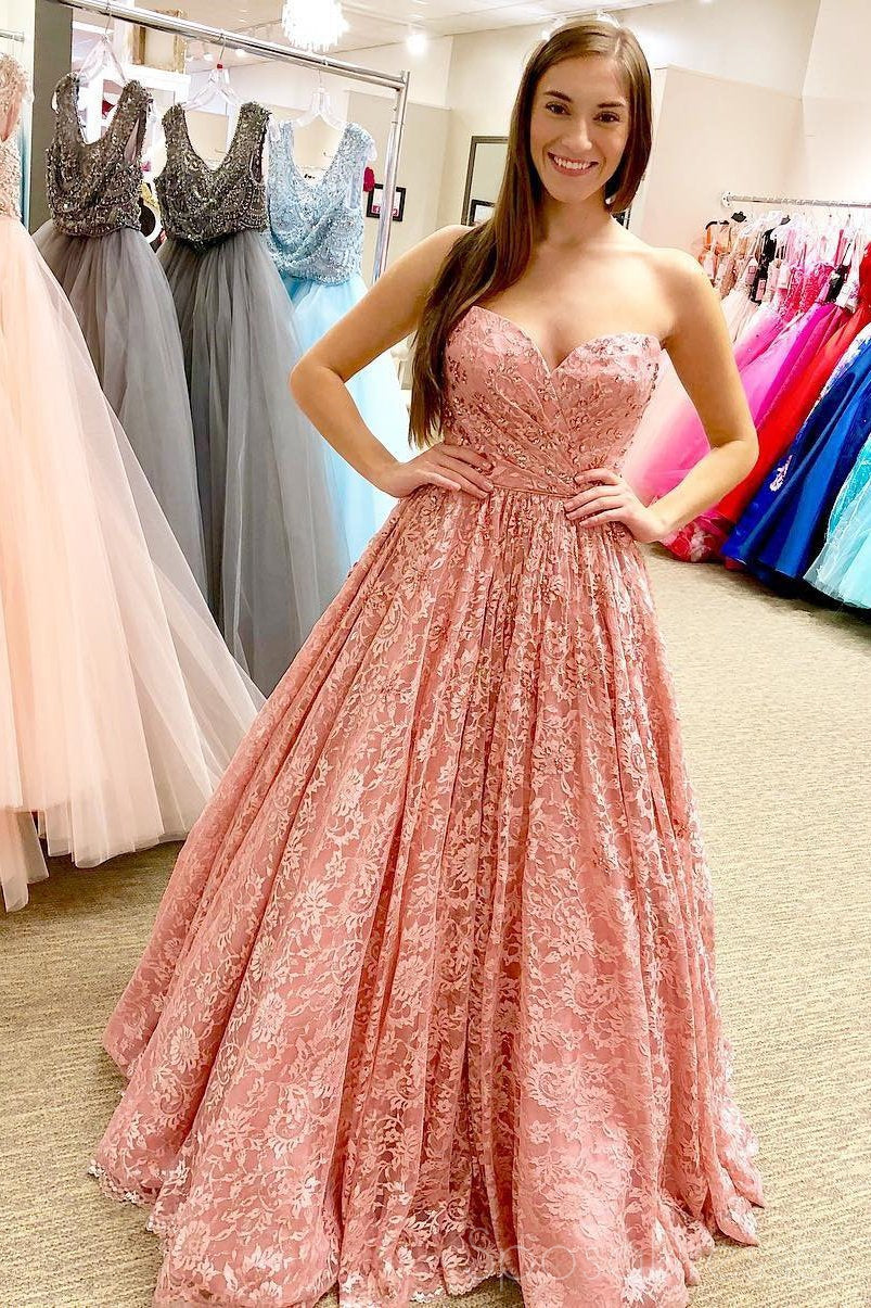 Elegant Peach Lace Beaded Sweetheart A-Line Prom Dress for Sweet 16 | Formal Evening Gown | Perfect for Homecoming, Prom Night & Special Occasions