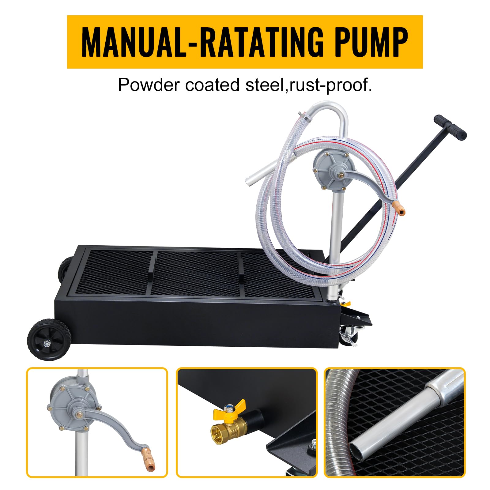 25 Gallon Low Profile Oil Drain Pan with Hand Pump, Hose & Swivel Casters - Large Capacity Oil Change Tank for Cars, SUVs, Trucks - Foldable Handle for Easy Storage - Perfect for DIY Garage Maintenance & Professional Auto Repair (Black)