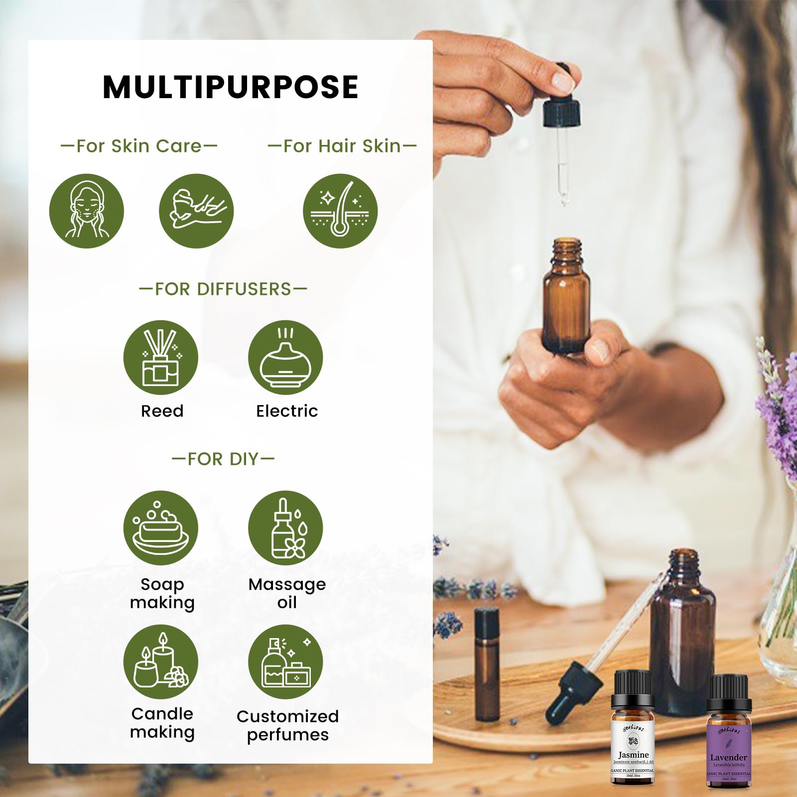 Organic Pure Jasmine & Lavender Essential Oil Set - 100% Natural Aromatherapy Oils for Diffusers, Massage, Relaxation & Stress Relief - Perfect for Home Spa, Yoga & Meditation