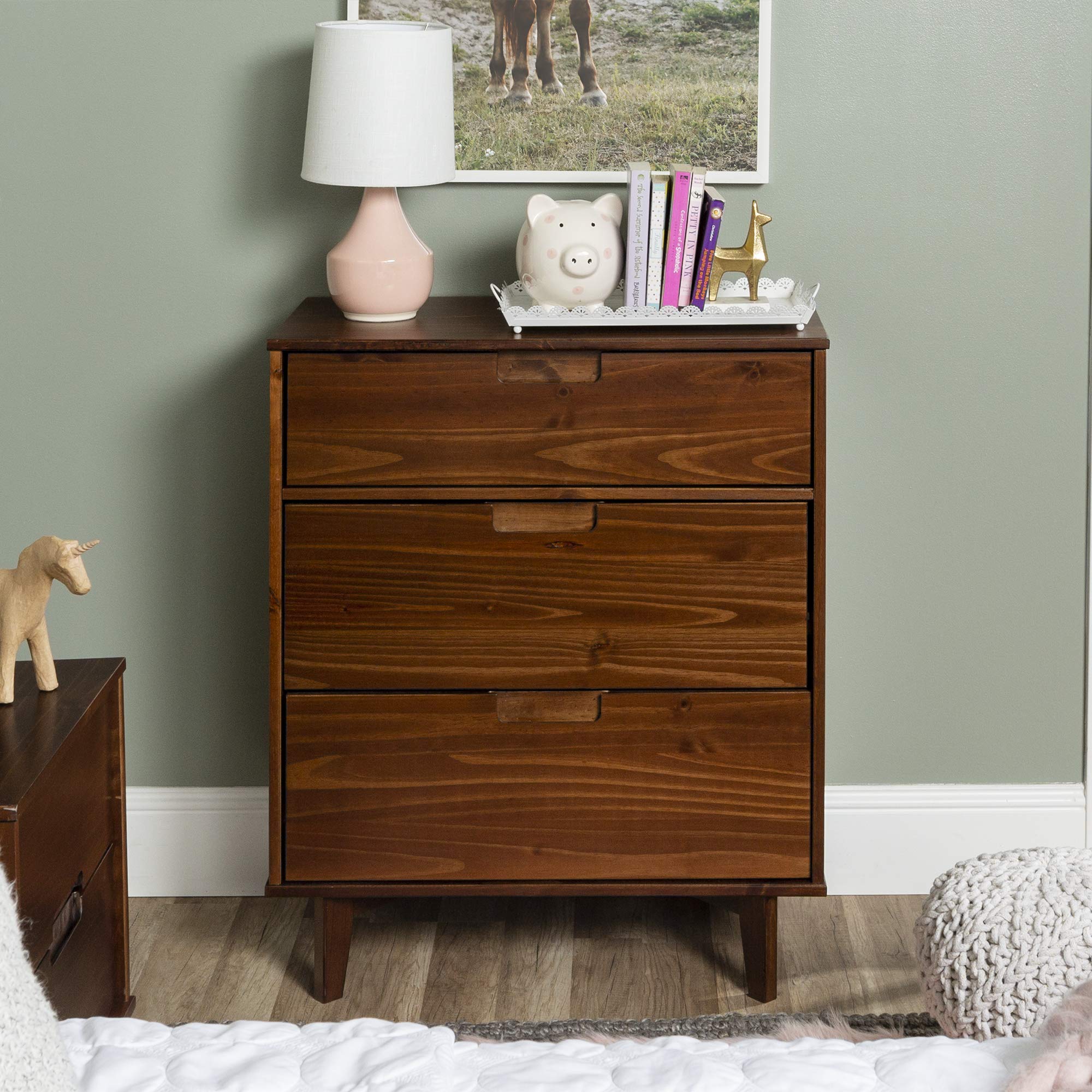 3 Drawer Mid Century Modern Wood Dresser - Solid Walnut Finish - Bedroom Storage Furniture for Home Organization & Decor