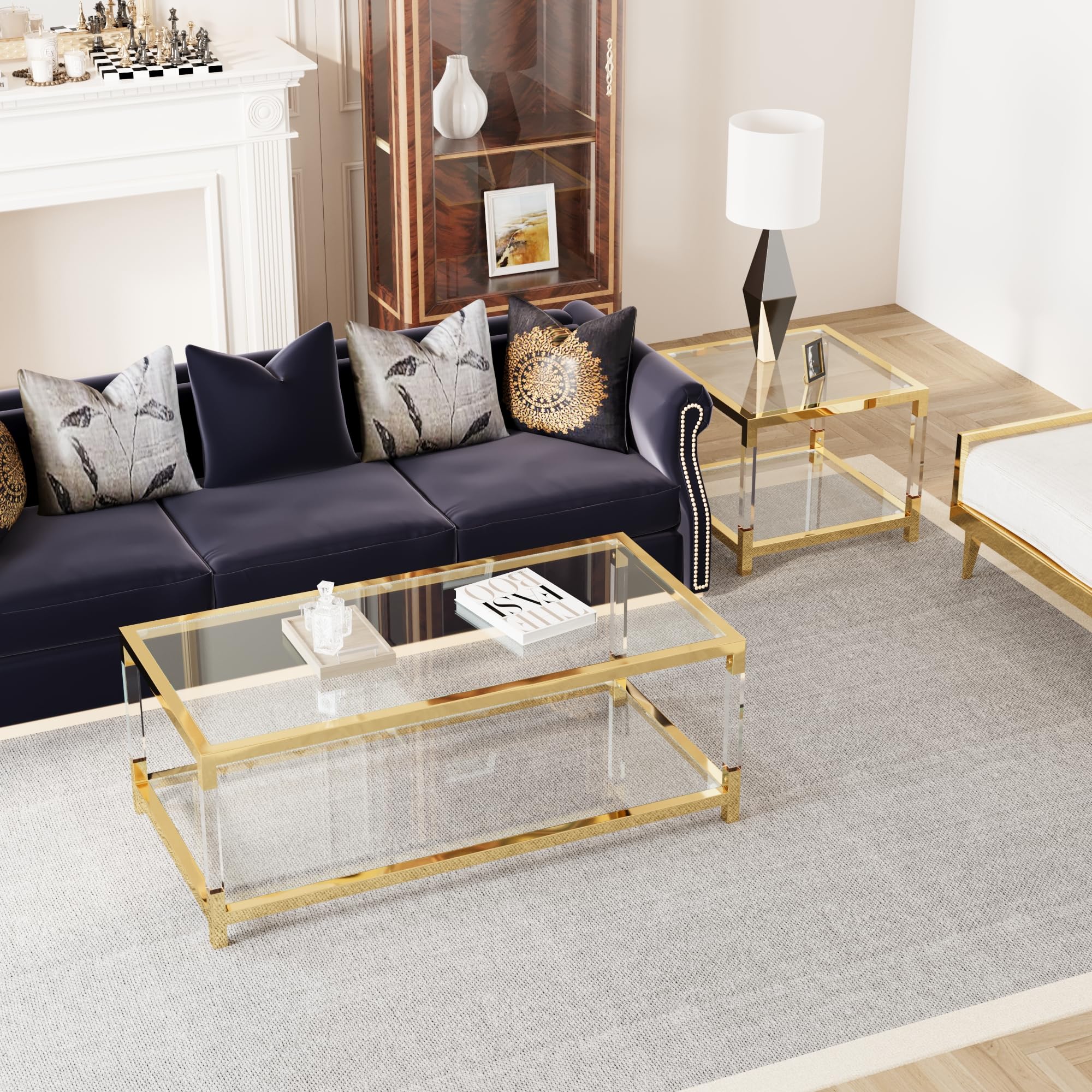 Premium 2-Piece Glass Coffee Table Set - 2-Tier Modern Living Room End Tables with Gold Frame & Clear Acrylic Legs for Apartment, Office & Lounge Decor | Perfect for Entertaining Guests or Relaxing with Coffee