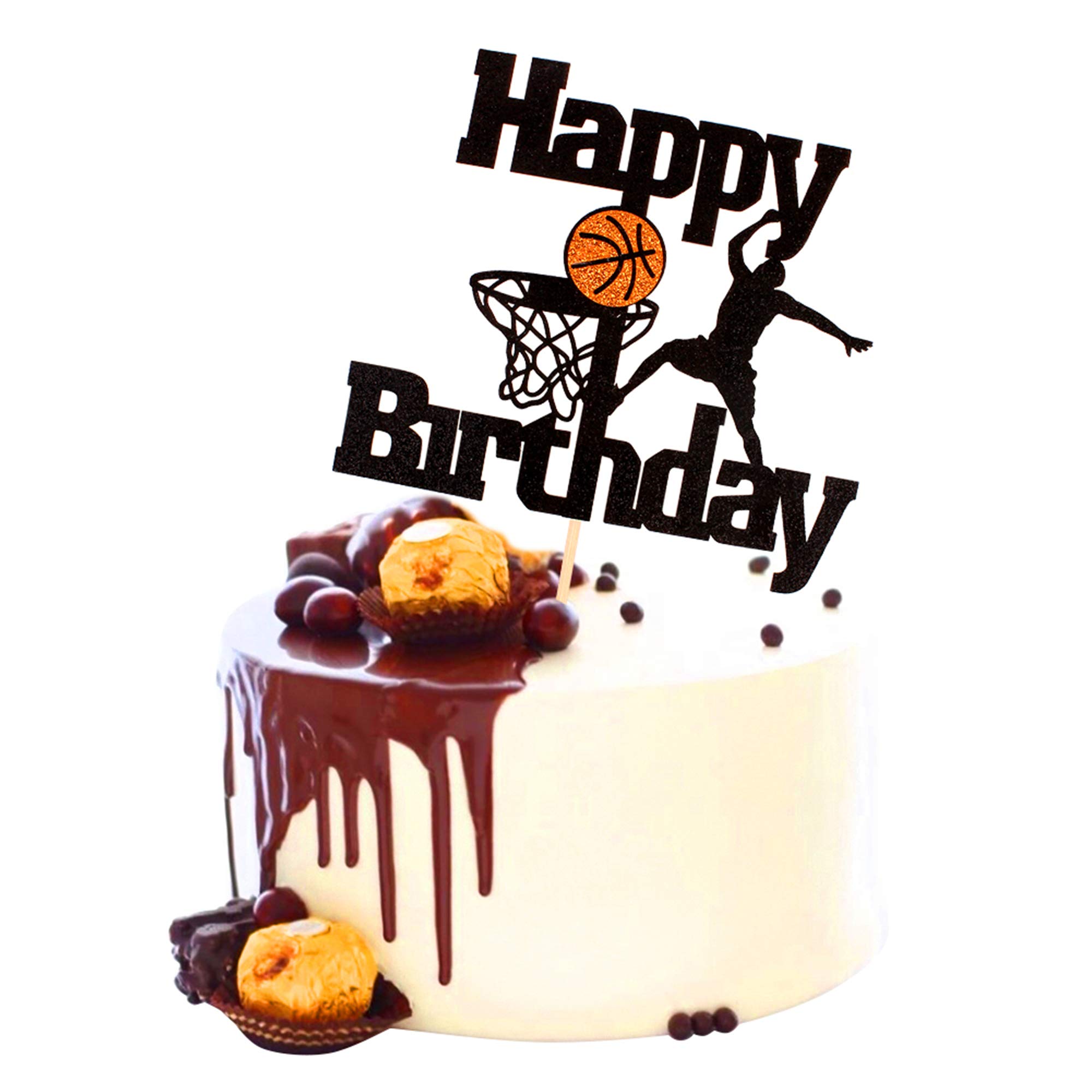 Basketball Birthday Cake Topper Set - Black Glitter Basketball Theme Cake Decorations with Fruit Picks for Men, Boys & Fathers - Perfect for Birthday Parties, Sports Events & Game Night Celebrations (1 Pack)