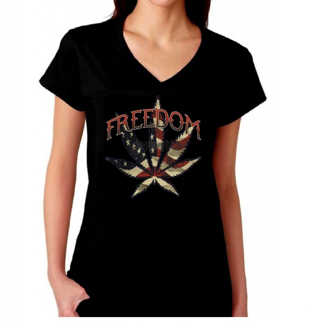 Freedom Cannabis Leaf Women's V-Neck T-Shirt - Black | Comfortable & Stylish Weed-Themed Apparel for Festivals, Concerts & Casual Wear