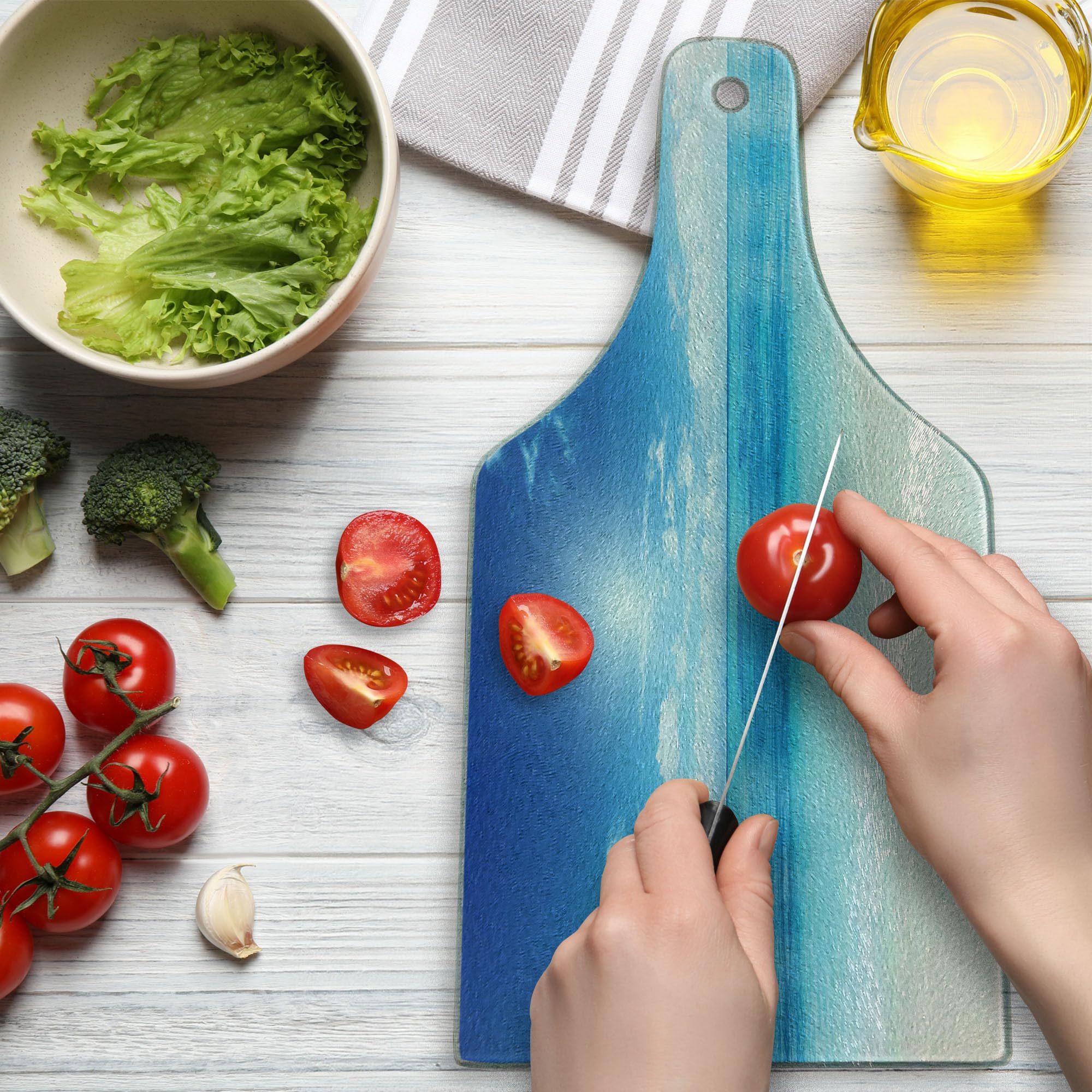 Ambesonne Ocean Themed Tempered Glass Cutting Board - Caribbean Beach View, Wine Bottle Shape, Cream Turquoise White - Perfect for Serving Cheese, Charcuterie & Entertaining Guests