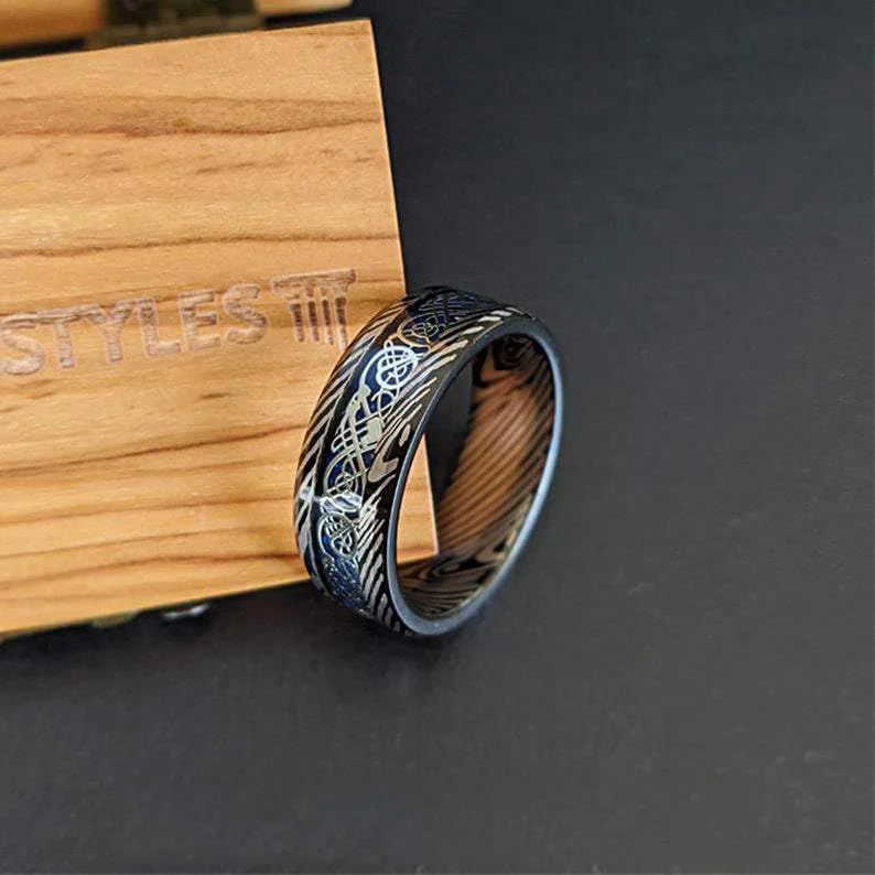 Black Damascus Steel Men's Wedding Band with Blue Carbon Fiber Inlay - 8mm Tungsten Celtic Viking Ring - Durable & Unique Silver Mens Jewelry - Perfect Anniversary Gift for Him - Great for Weddings, Engagements & Special Occasions
