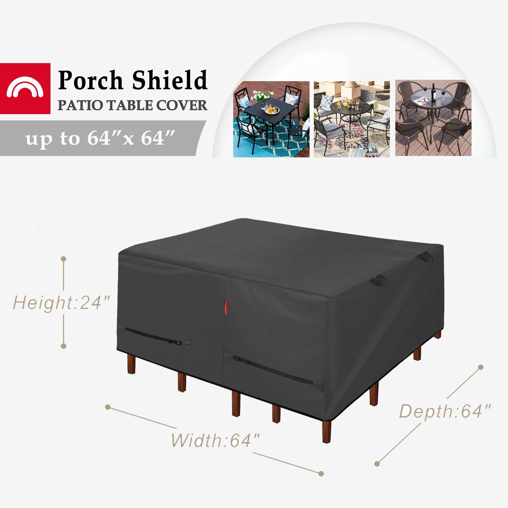 Waterproof 64 x 64 Inch Black Porch Shield Patio Table Cover - Heavy Duty Outdoor Dining Table and Chairs Furniture Protection - Perfect for Backyard, Deck, and Garden Use
