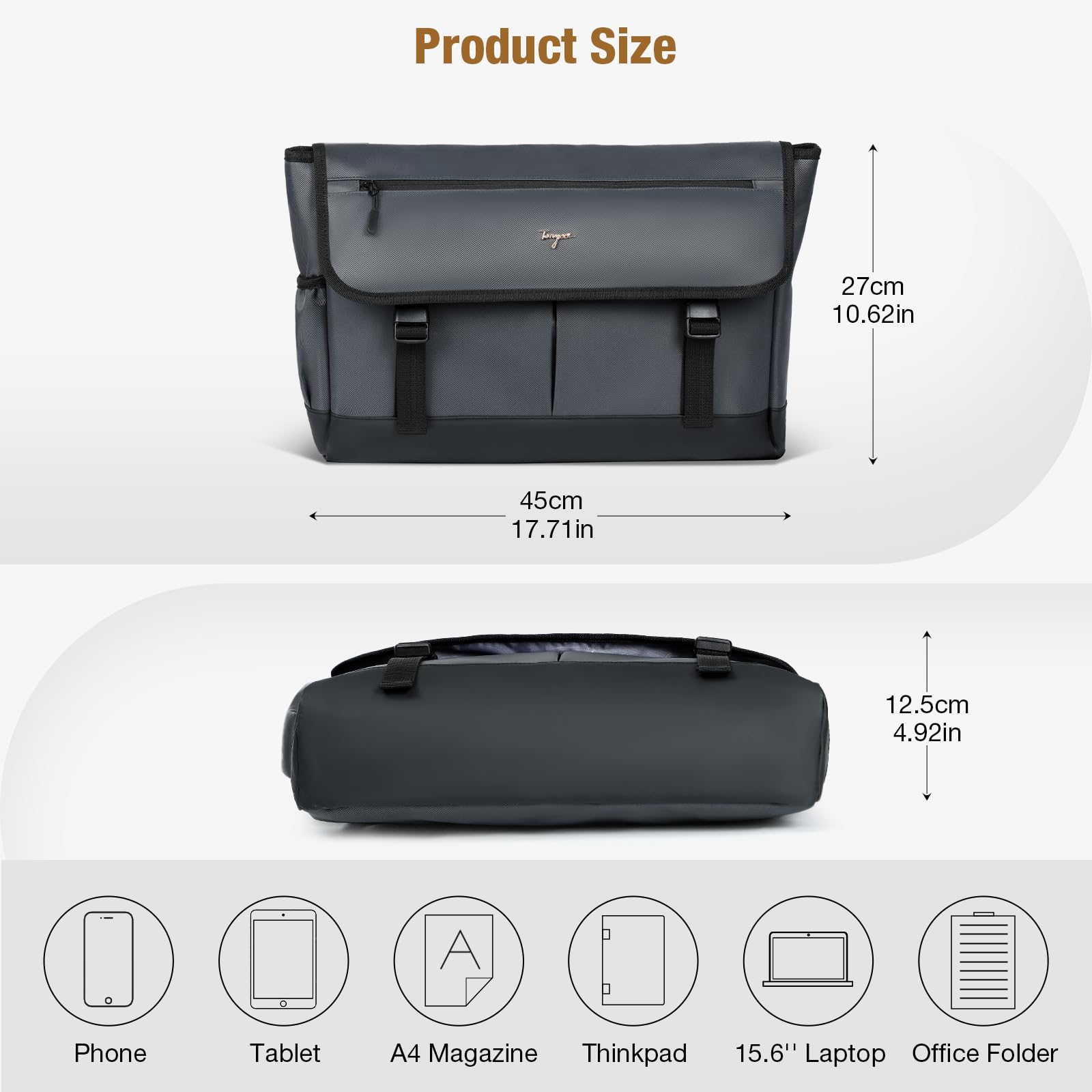 **Durable Waterproof Messenger Laptop Bag for Men & Women – 15.6 Inch Stylish Shoulder Bag with Crossbody Strap – Perfect for Work, School & Travel – Silver Grey**