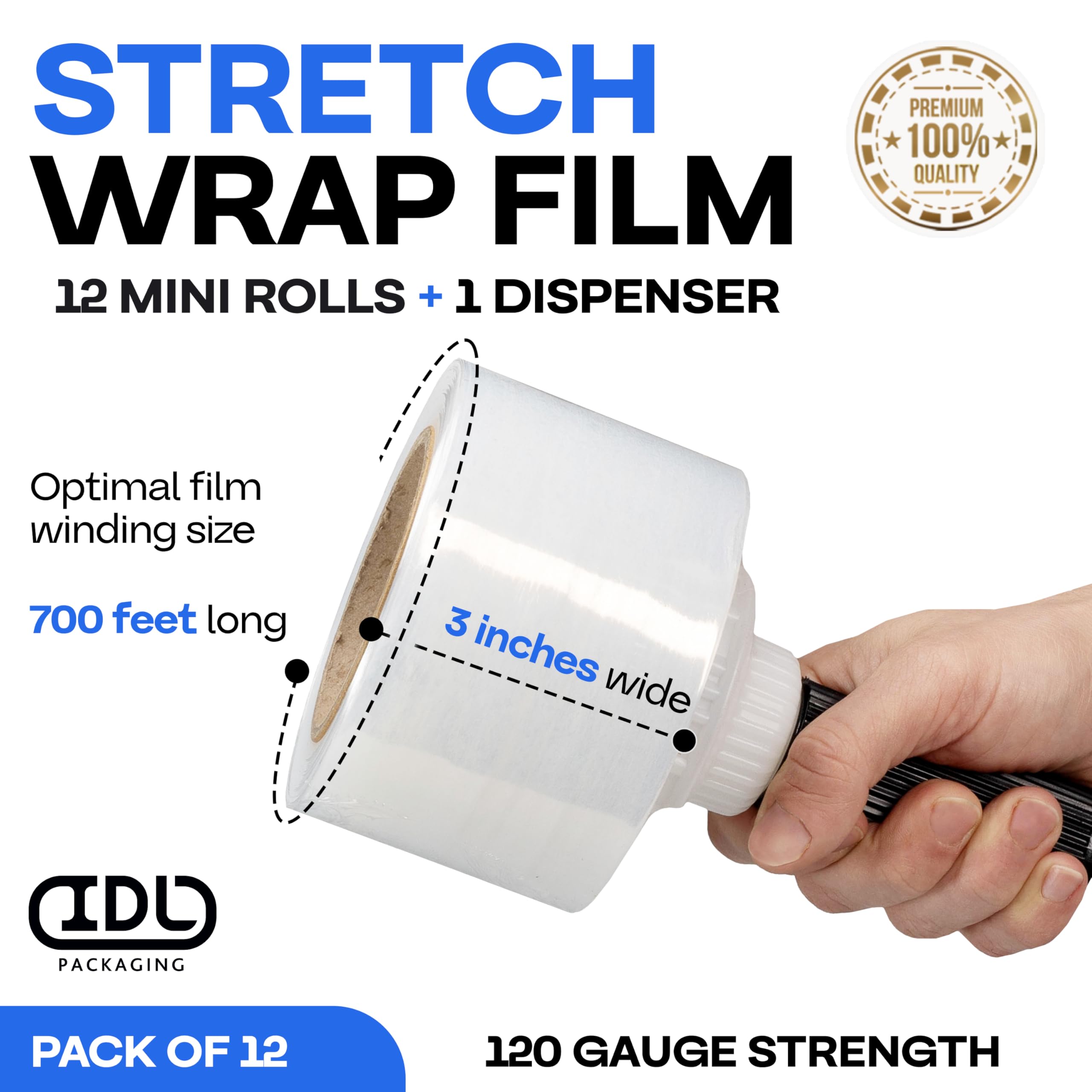 IDL Packaging 3 Inch Stretch Wrap Mini Roll - 700 Feet, 120 Gauge (12 Pack) with Plastic Handle - Industrial Grade Clear Plastic Wrap for Secure Packing, Moving, Shipping & Office Use - Heavy Duty Protection for Boxes, Pallets & Storage