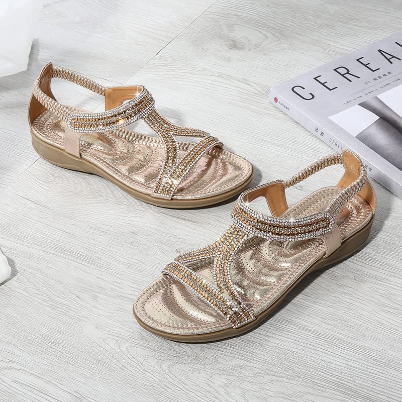 Women's Bohemian Rhinestone Sandals - Comfortable Flat Beach Sandals with Elastic Ankle Strap | Slip-On Summer Shoes for Women | Perfect for Beach Vacations, Poolside Lounging & Casual Outings