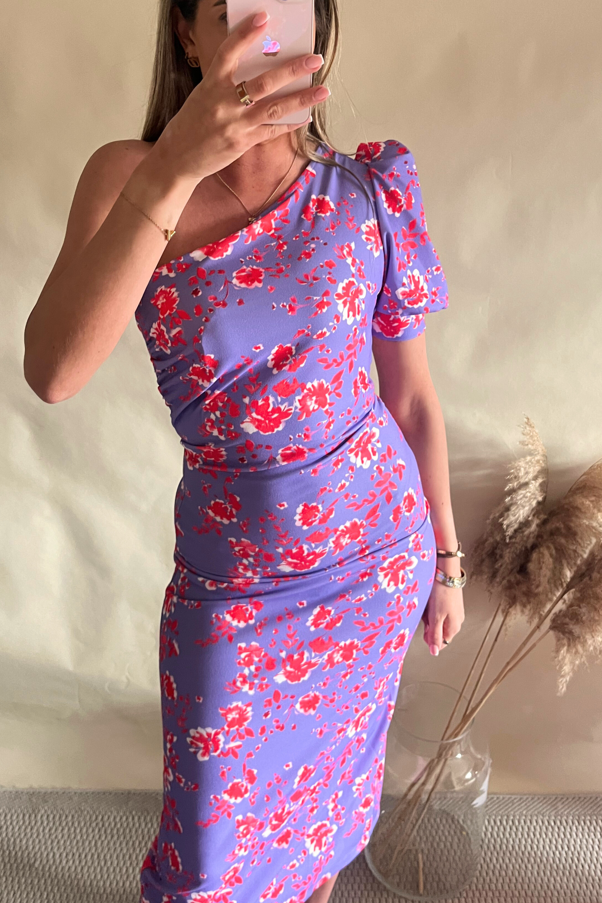 Elegant Lilac & Red Floral One Shoulder Midi Bodycon Dress for Women - Perfect for Evening Parties, Weddings & Date Nights