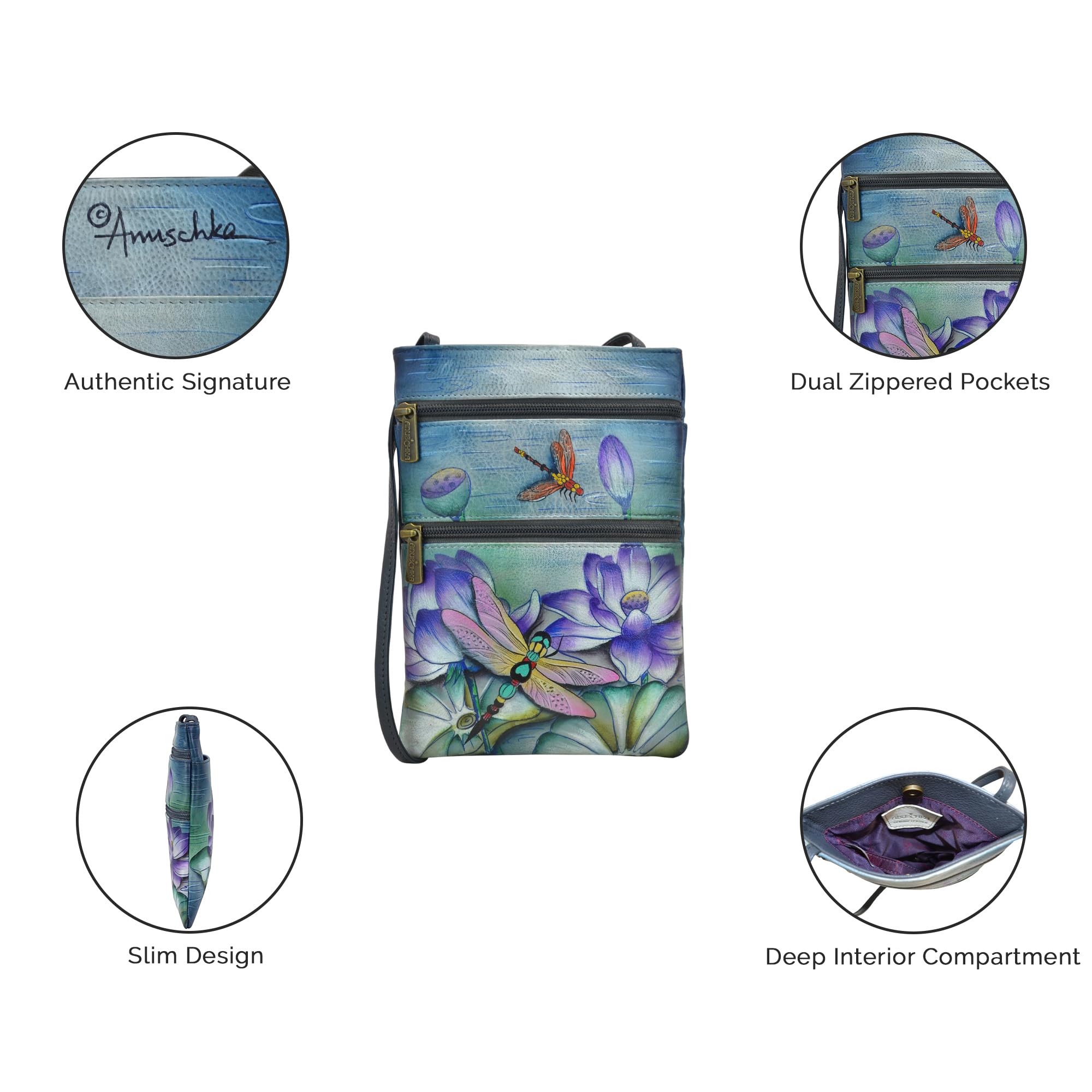 Anuschka Women's Hand Painted Genuine Leather Crossbody Purse - Mini Double Zip Travel Bag with Magnetic Closure, ID Holder & Optical Case - Perfect for Daily Use, Shopping & Travel Accessories