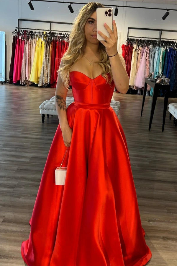 Elegant A-Line Sweetheart Neckline Red Satin Long Prom Dress with High Slit - Perfect for Homecoming, Formal Dances & Special Occasions | TP1399