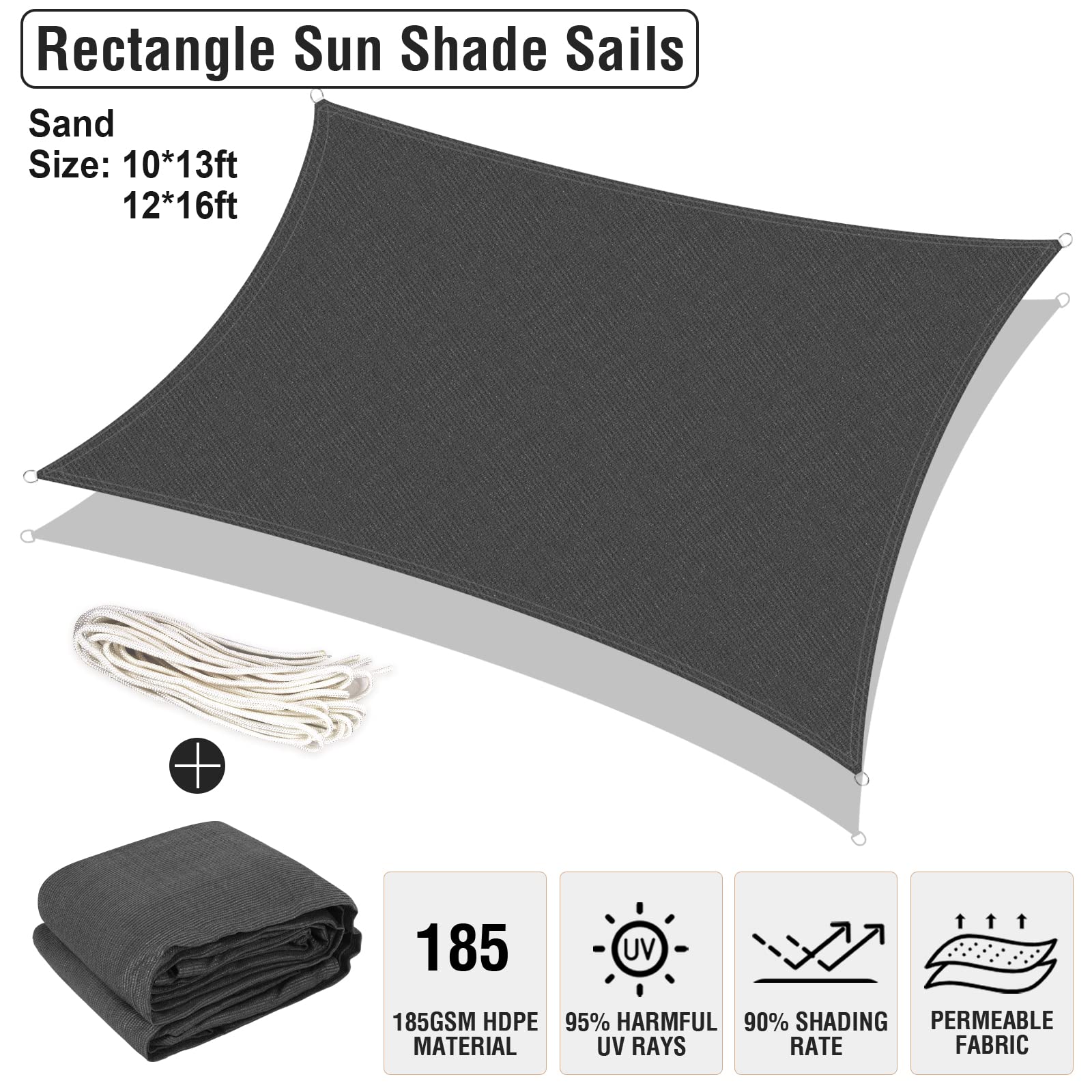 UIRWAY 6.5'x10' Rectangle Sun Shade Sail - 95% UV Block, 185GSM Heavy Duty Permeable Canopy for Patio, Garden, Pergola, Backyard, Outdoor Pools & Carport - Anthracite | Perfect for Outdoor Shade & Sun Protection