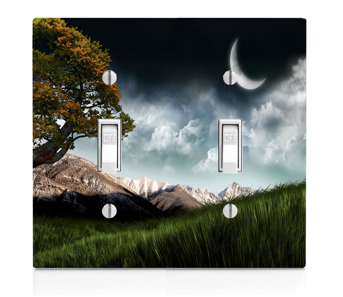 Trendy Nature-Inspired Moon & Mountains Double Light Switch Wall Plate Cover - Perfect for Bedroom, Living Room, or Cabin Decor