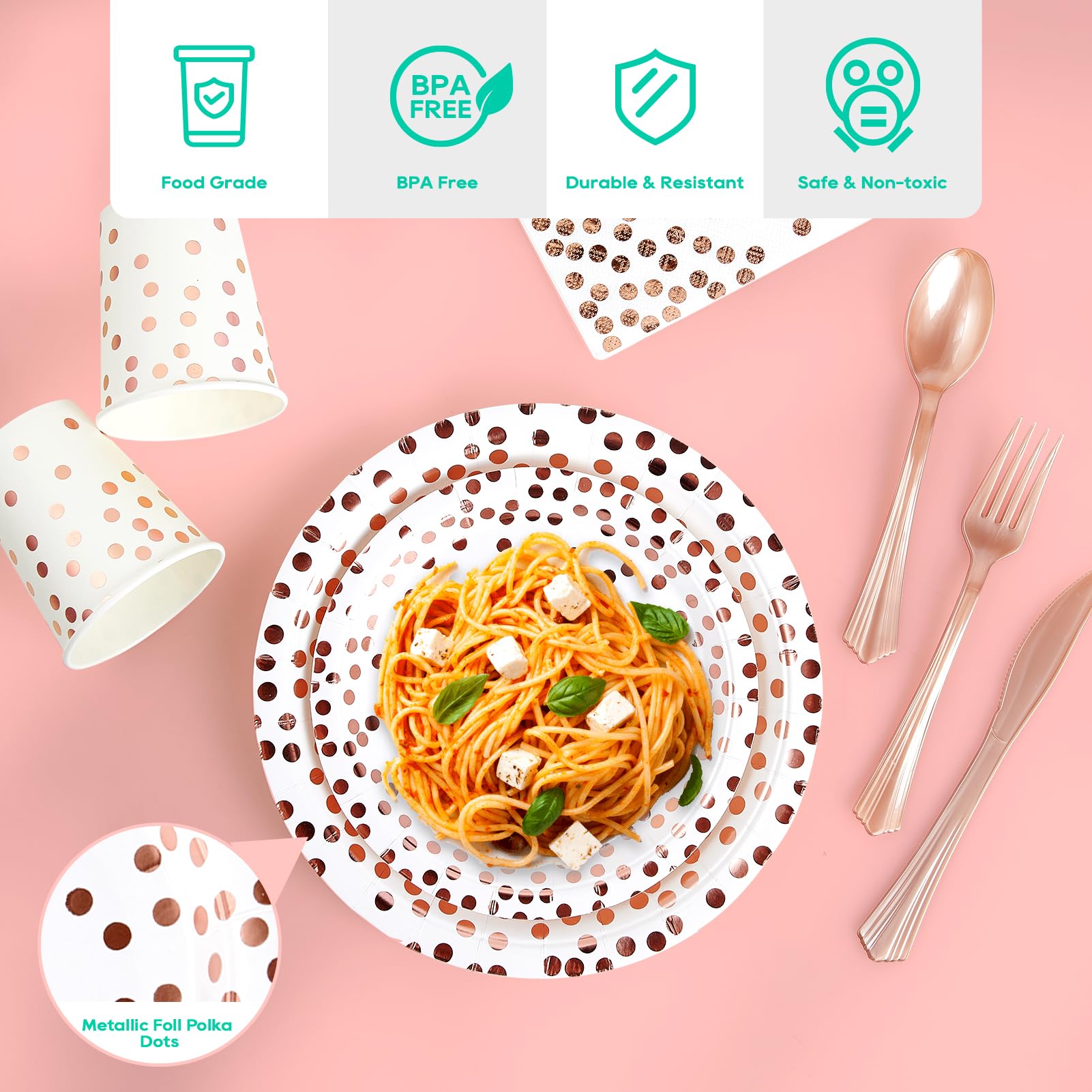 350-Piece White & Rose Gold Disposable Dinnerware Set - Elegant Paper Plates, Napkins, Cups with Gold Plastic Cutlery (Forks, Knives, Spoons) - Perfect for Graduation Parties, Birthday Celebrations & Cocktail Events - Premium Party Supplies for Weddings, Baby Showers & Holiday Gatherings