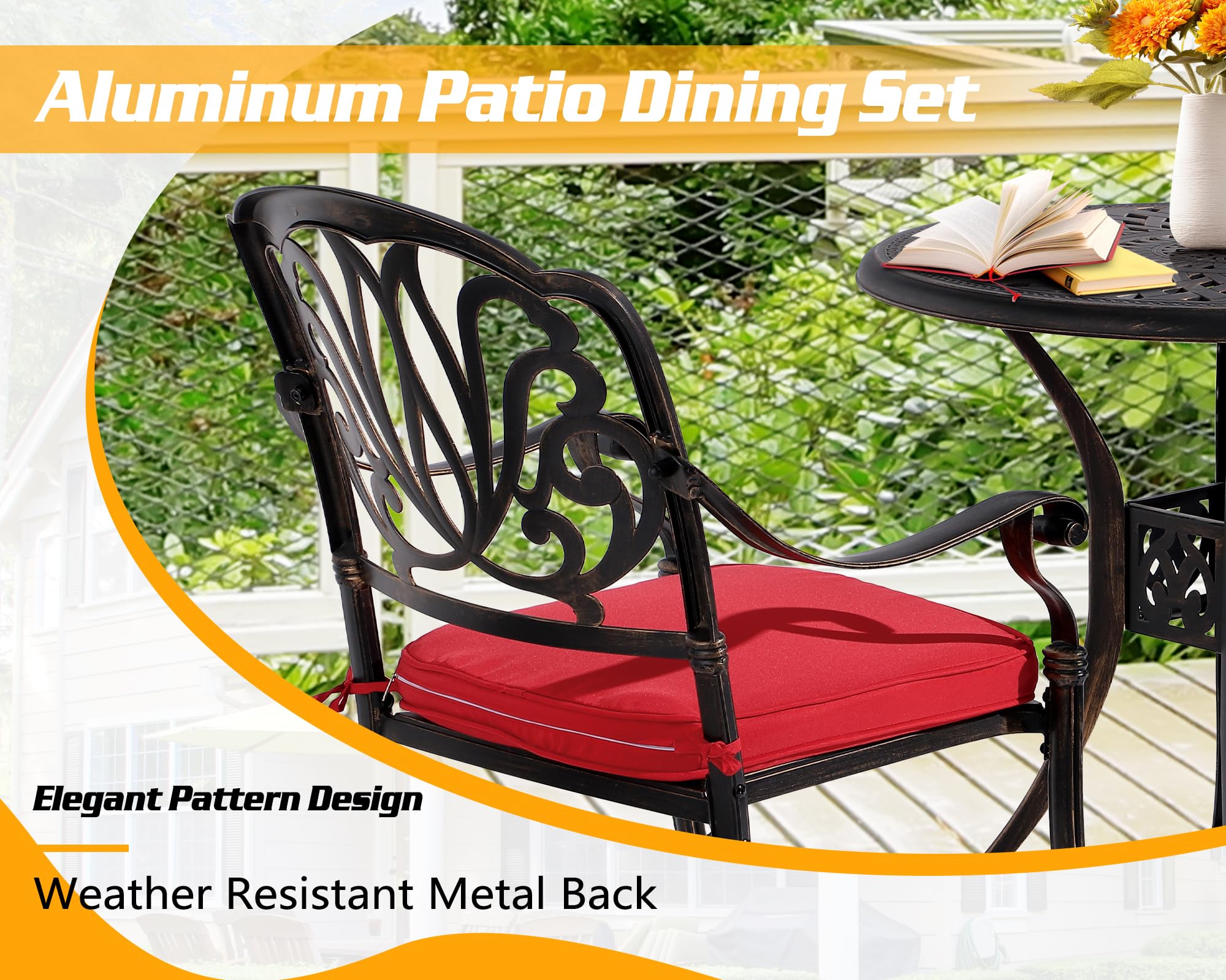 TITIMO 3-Piece Cast Aluminum Patio Dining Set - Outdoor Bistro Furniture with Weather-Resistant Table & Chairs, Cushions & Umbrella Hole - Perfect for Garden, Backyard, Poolside & Outdoor Entertaining (Red)