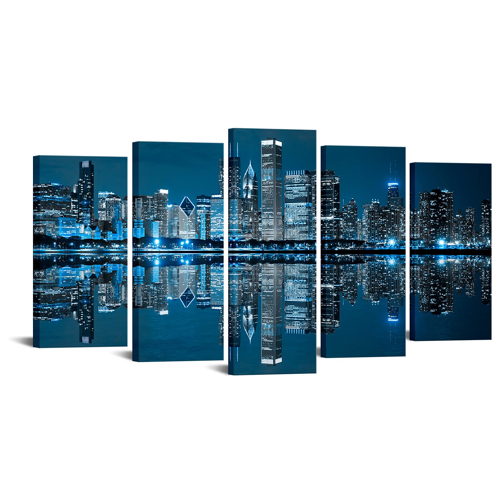 LevvArts Chicago Skyline Canvas Wall Art - Blue City Night Painting for Office & Living Room Decor - Large Size - Perfect for Home, Office & Gift Giving