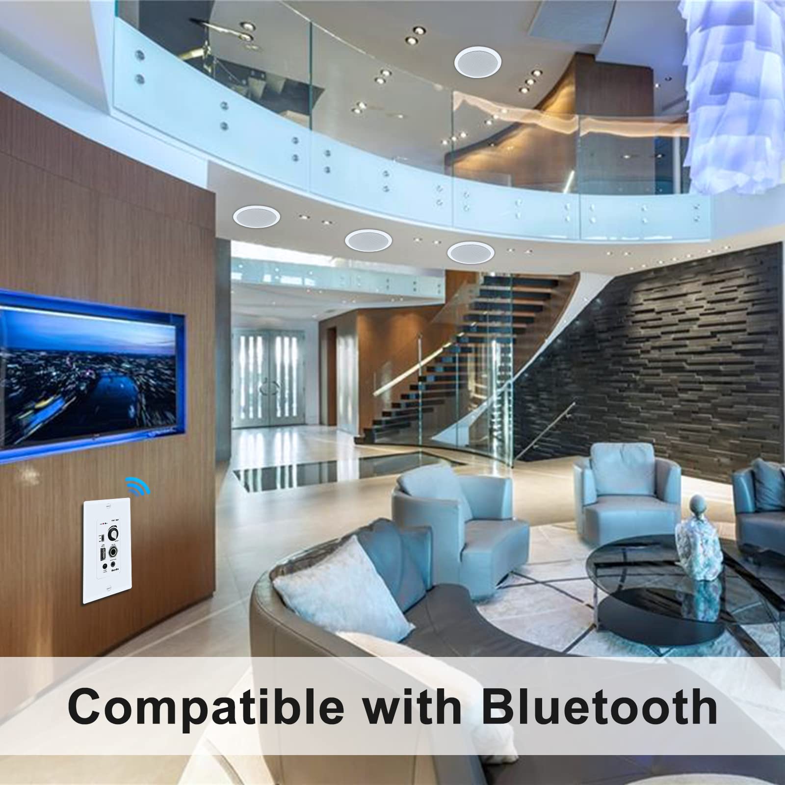 Herdio 640W In-Wall Bluetooth Amplifier & Volume Control Receiver with 6.5 Inch Ceiling Speakers (2 Pairs) - Complete Home Audio System for Multi-Room Music, Home Theater & Background Sound