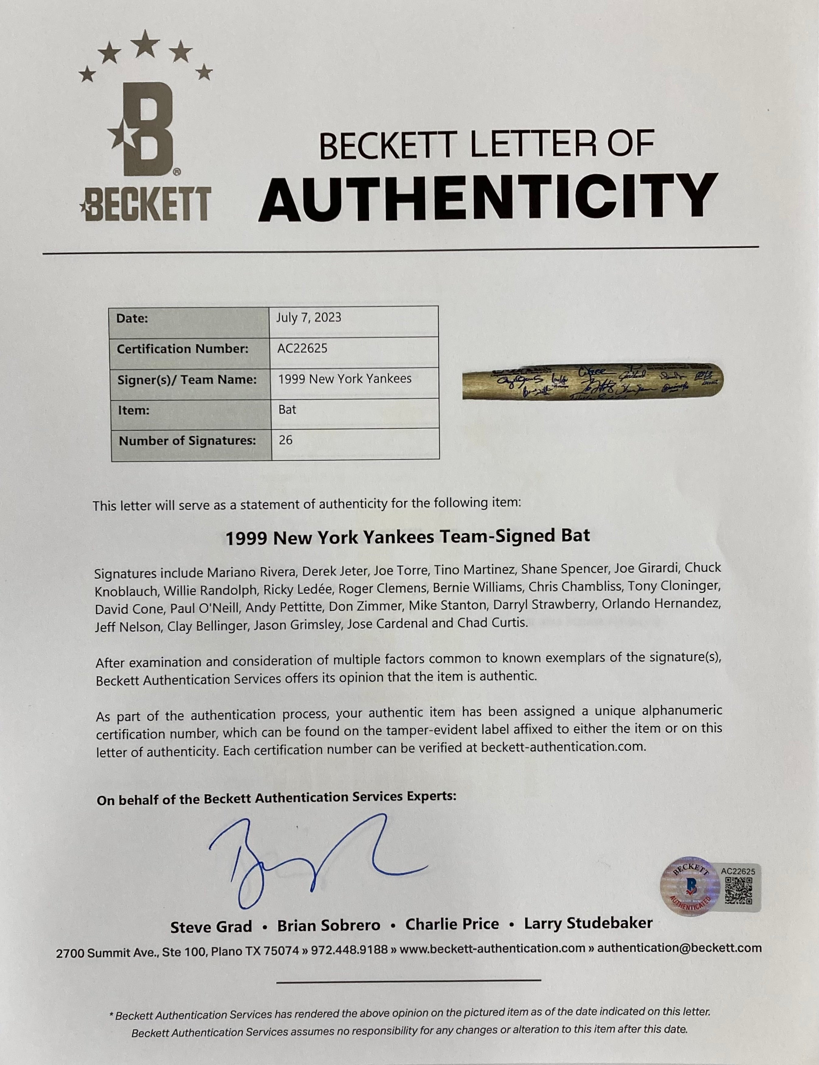 1999 New York Yankees Autographed Cooperstown Bat - Derek Jeter, Mariano Rivera & More - BAS AC22625 - Perfect for Baseball Collectors & Yankees Fans Display