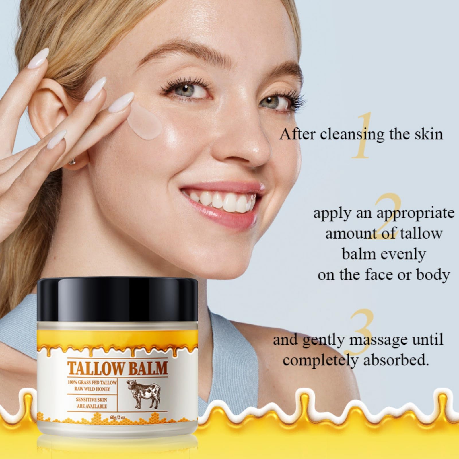 Premium Beef Tallow & Honey Balm - Natural Moisturizer for Face & Body Care - 2 oz