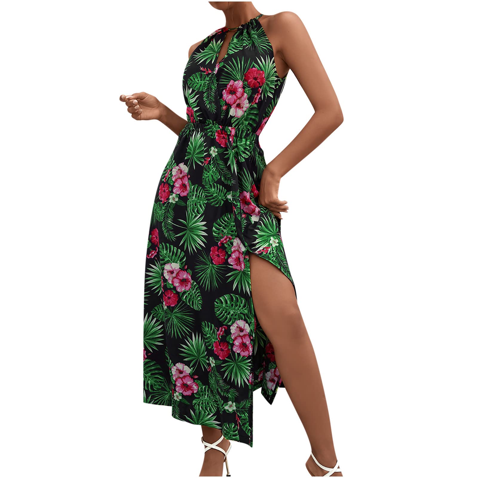 2022 Women's Summer Dresses - Sexy Off Shoulder Casual Bandage Pleated Maxi Dress with High-Low Hem | Floral Print Long Dress for Beach, Party & Vacation | Short Sleeve Solid Color Fashion Outfit