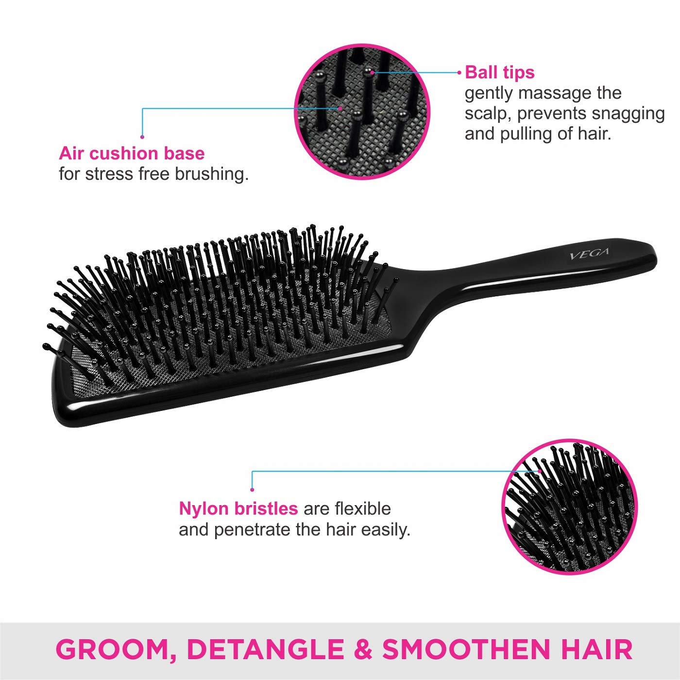 VEGA Premium Mini Paddle Hair Brush for Men & Women - Wooden Handle Bath Brush (8586 M) - Gentle Detangling & Exfoliating - Perfect for Travel, Salon & Home Spa Care
