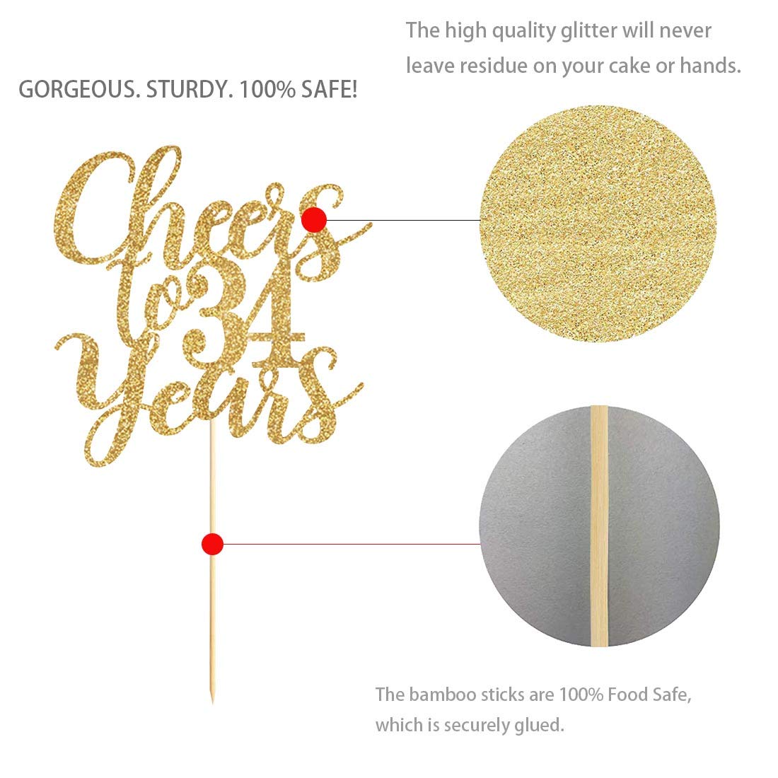 Gold Glitter Cheers to 34 Years Cake Topper | Happy 34th Birthday Cake Decorations | Party Supplies for Anniversary Celebration | Perfect for Birthday Cakes, Cupcakes & Dessert Tables