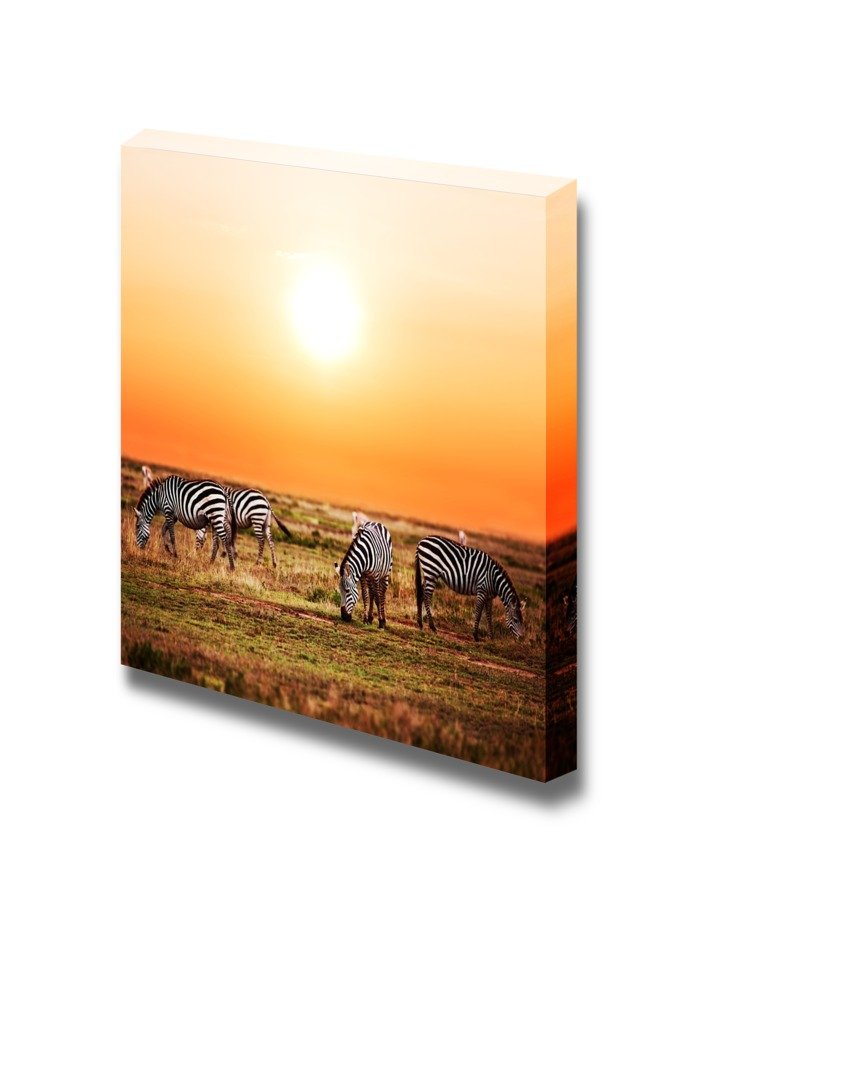 Zebra Herd on Savanna at Sunset - Africa Wildlife Canvas Prints, Modern Wall Art Decor for Living Room, Bedroom & Office, Stretched Gallery Wrap Ready to Hang - 12