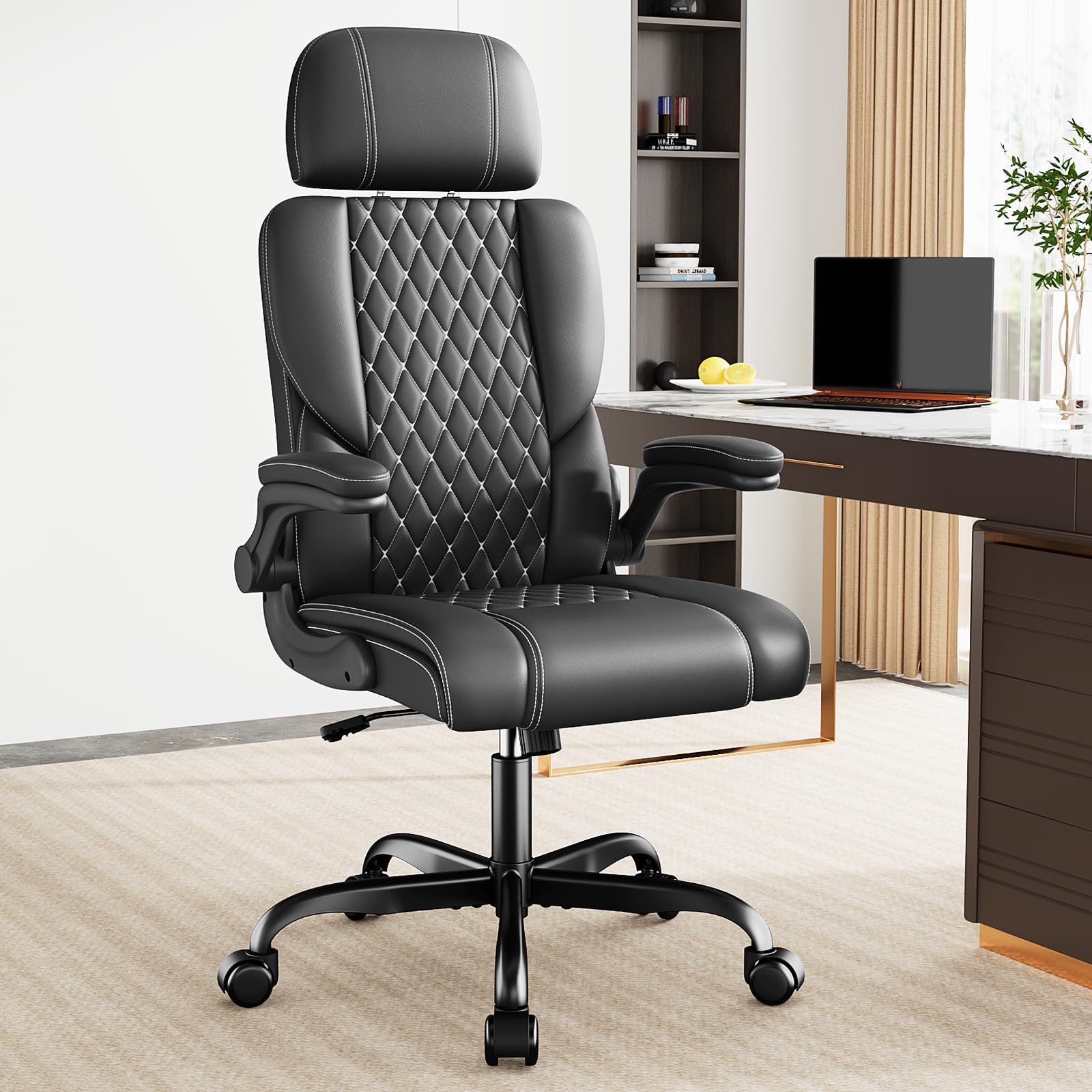 Premium Executive Leather Office Chair - Adjustable Headrest, Flip-Up Padded Arms & Lumbar Support - Ergonomic Swivel Desk Chair with Height & Tilt Adjustment - Black - Perfect for Home Office, Conference Rooms & Executive Suites