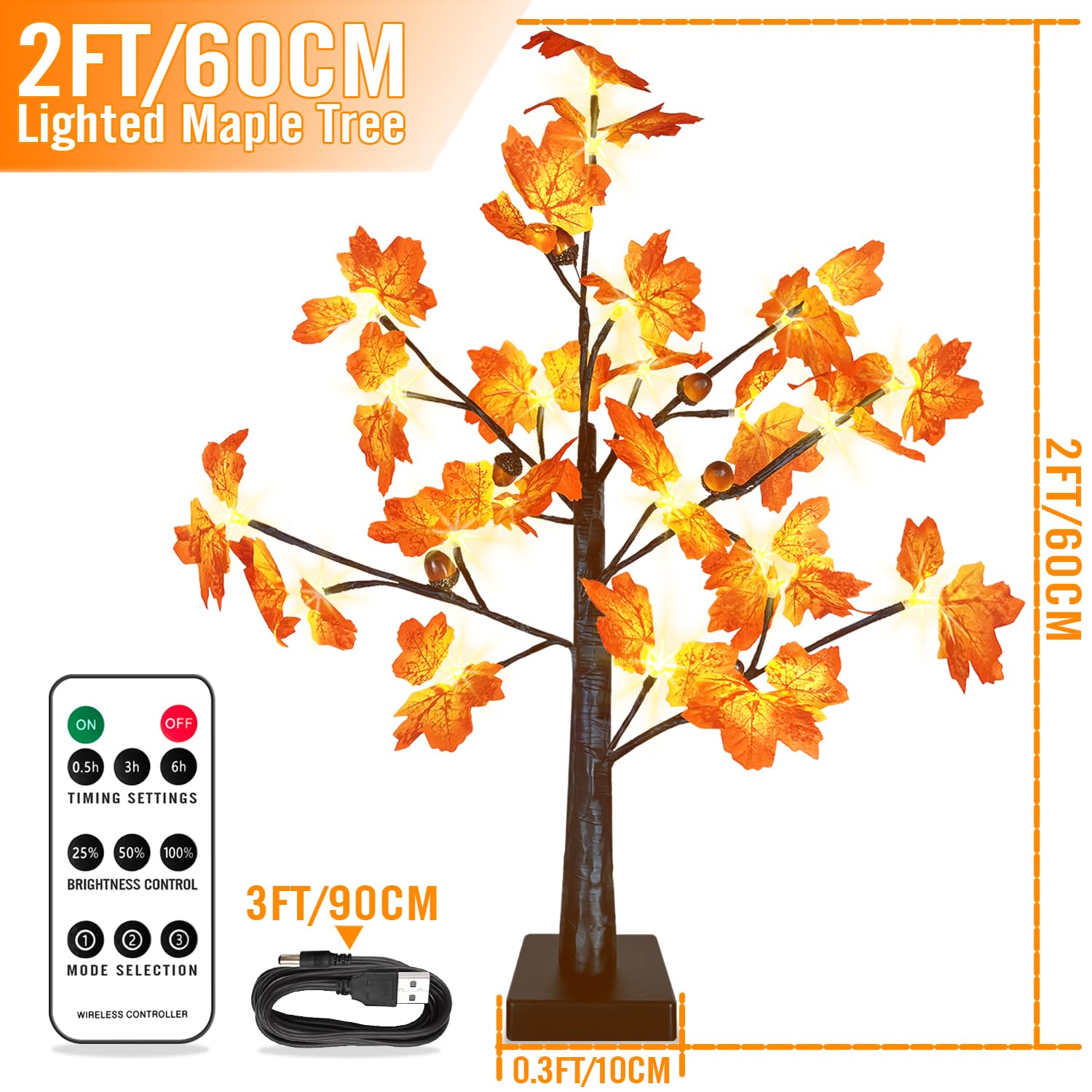 2FT LED Lighted Fall Tree with Dimmable Timer - Artificial Maple Tabletop Tree for Home Decor, Thanksgiving & Autumn Season - Perfect for Living Room, Porch, and Holiday Centerpiece Decorations
