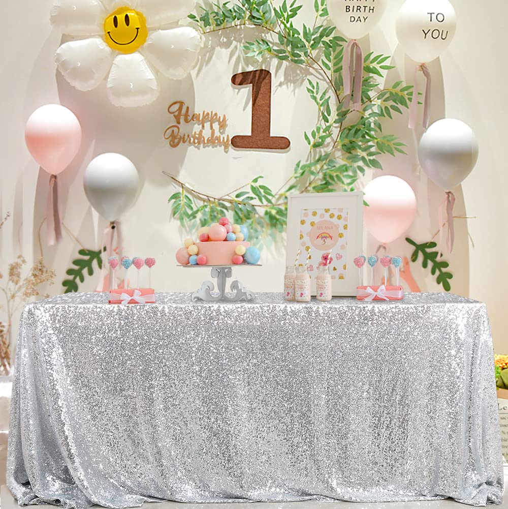 QueenDream 90x132 Inch Silver Sequin Tablecloth - Glitter Rectangular Table Cover for Wedding, Birthday, Bridal Shower Decor | Perfect for Party, Banquet & Holiday Dining Decorations