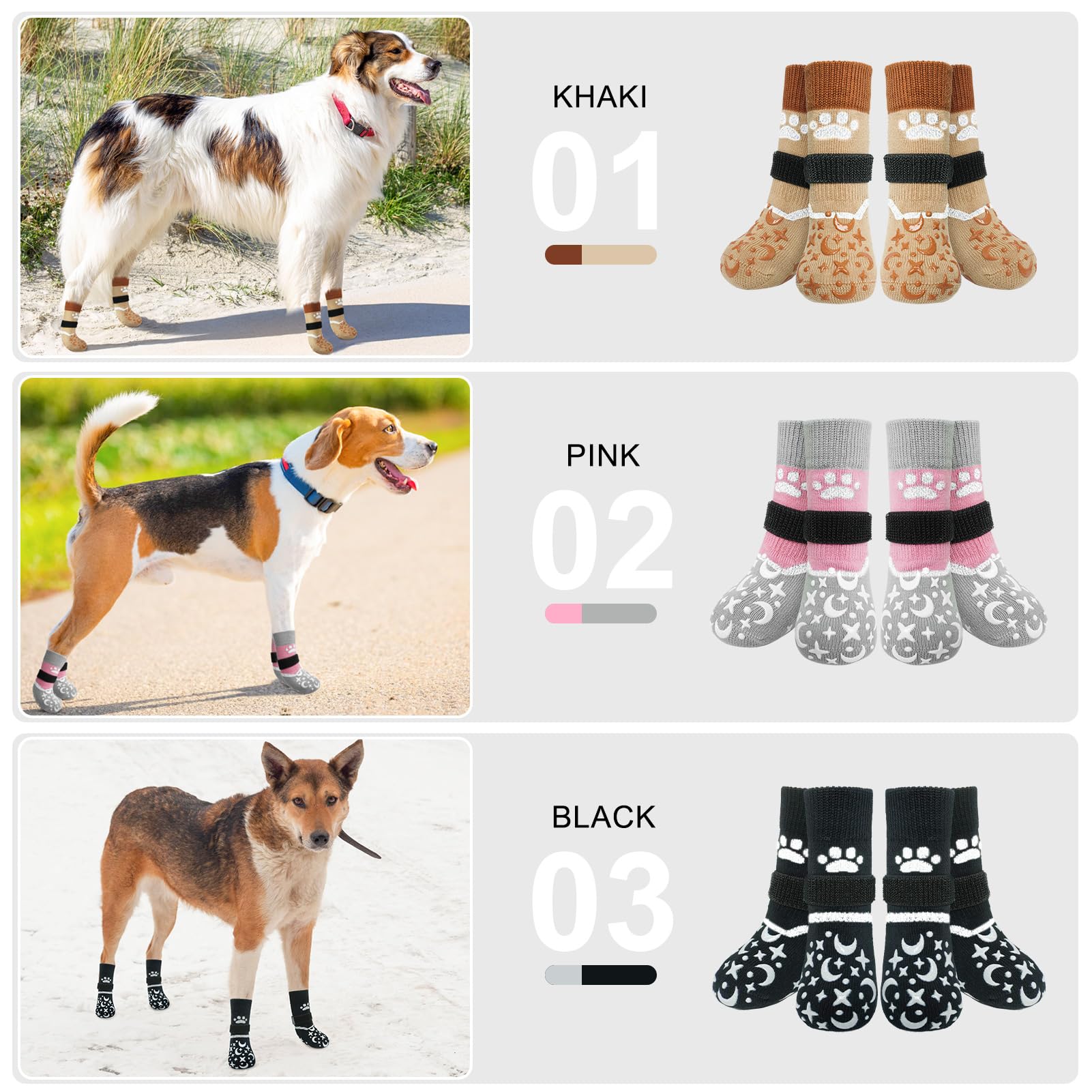 BEAUTYZOO Anti-Slip Dog Socks for Small Dogs - Winter Reflective Paw Protectors for Hardwood Floors, Senior Dogs & Cold Weather - Non-Licking Pet Booties (Khaki) - Perfect for Indoor Use, Outdoor Walks & Snowy Conditions
