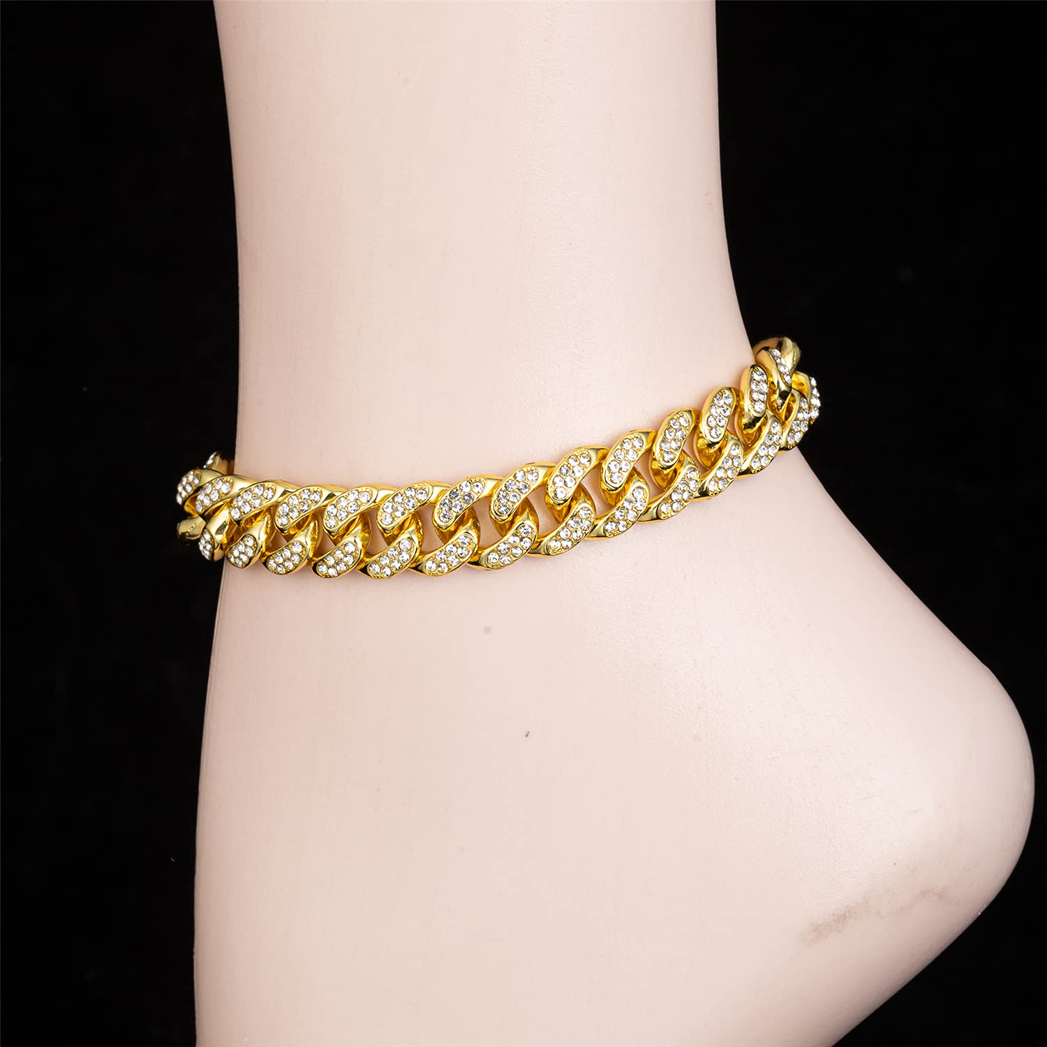 Kelistom Cuban Link Rhinestone Gold Box Chain Anklet for Women - Adjustable Punk Hip-Hop Ankle Bracelet | Perfect for Parties, Concerts & Streetwear Fashion