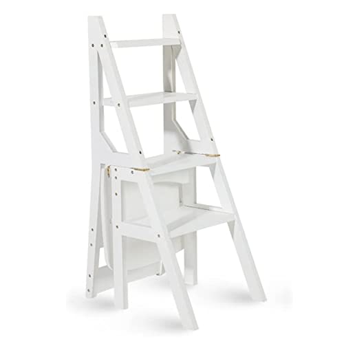 Foldable 4-Step Ladder Chair - Portable Kitchen Step Stool with Wooden Frame for Home, Library & Climbing - Space-Saving White Stair Chair for Easy Reach (Perfect for Shelves, Cabinets & Home Organization)