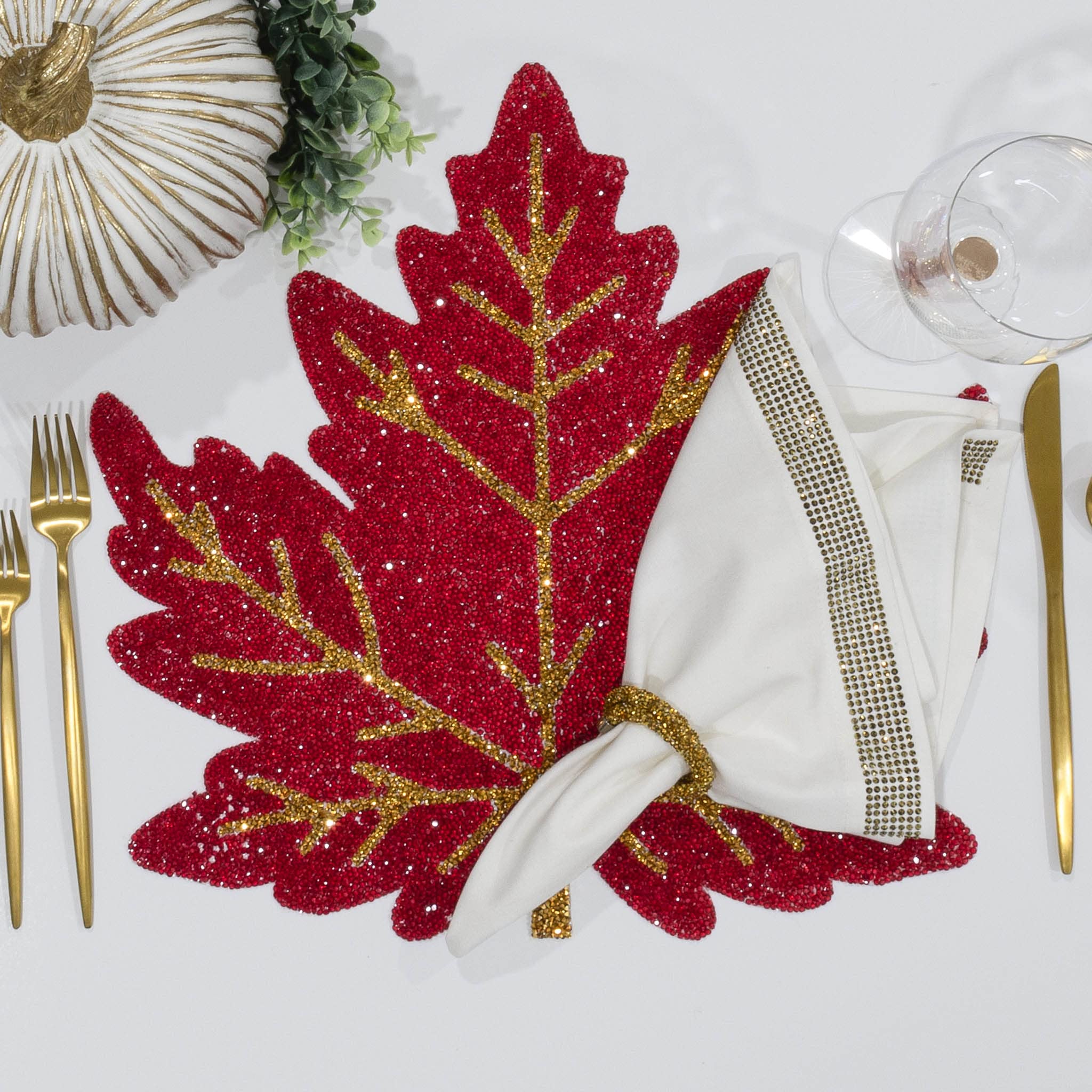 Luminous Leaf Placemat with Red & Gold Sparkling Rhinestone Pattern - Non-Slip Dining Table Decor for Festive Holiday Parties, Thanksgiving, Christmas, and Seasonal Celebrations - 15 Inch Round Place Setting