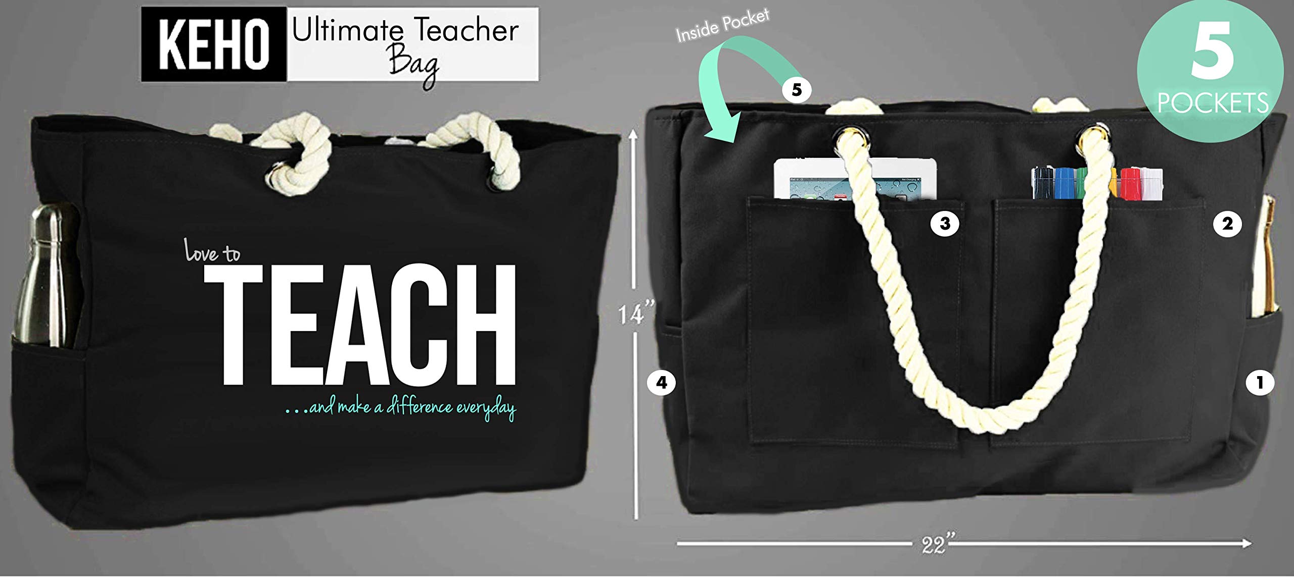 Keho XXL Waterproof Teacher Tote Bag with Multiple Pockets - Large Capacity Work Bag with Comfortable Rope Handles | Perfect Gift for Teacher Appreciation Week, School Supplies & Everyday Commute