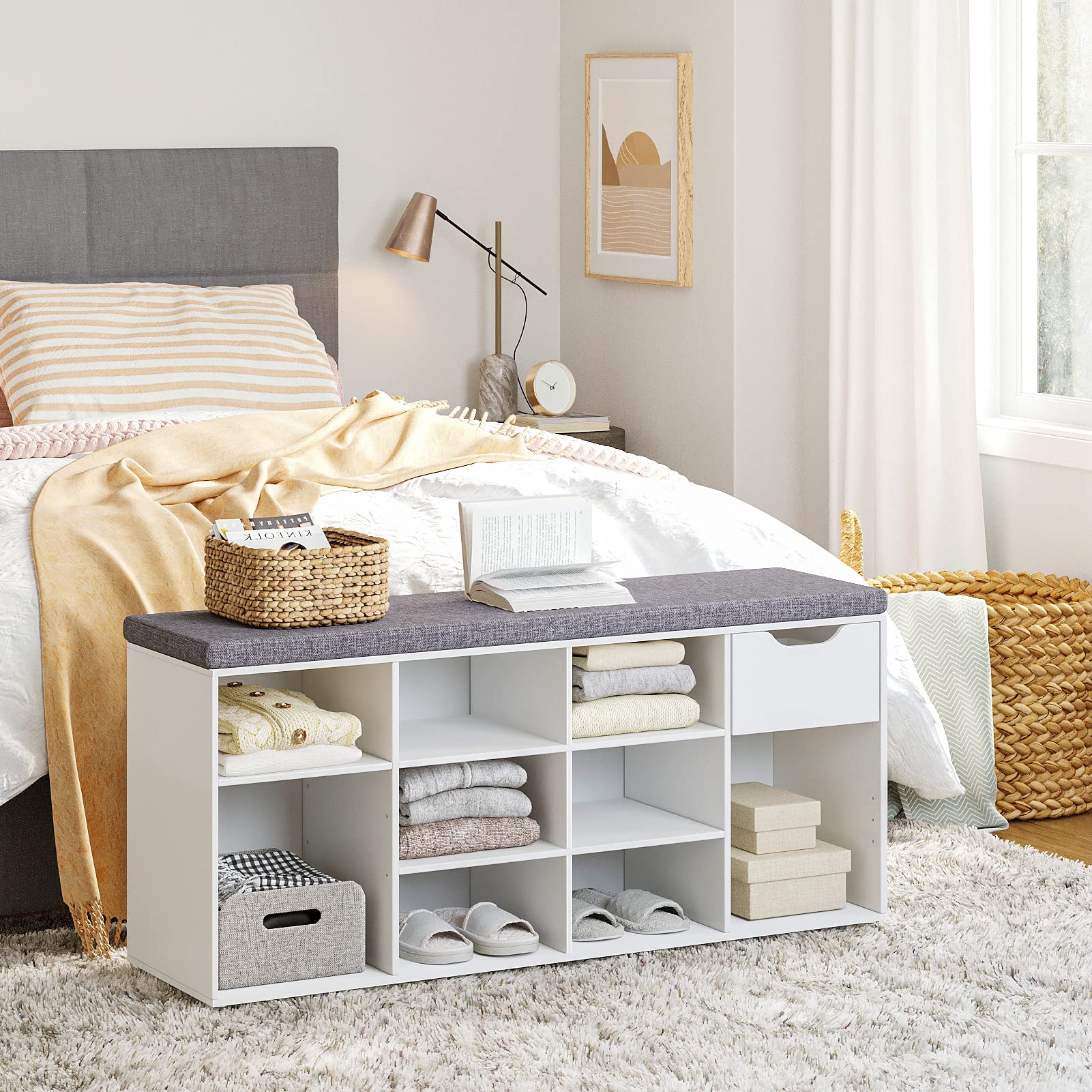 DINZI LVJ Shoe Bench with Drawer & 11 Cubbies - Adjustable Shelves Shoe Organizer Cabinet for Entryway, Living Room, Bedroom, Mudroom, Closet & Garage - White - Perfect for Small Space Organization & Shoe Storage Solutions