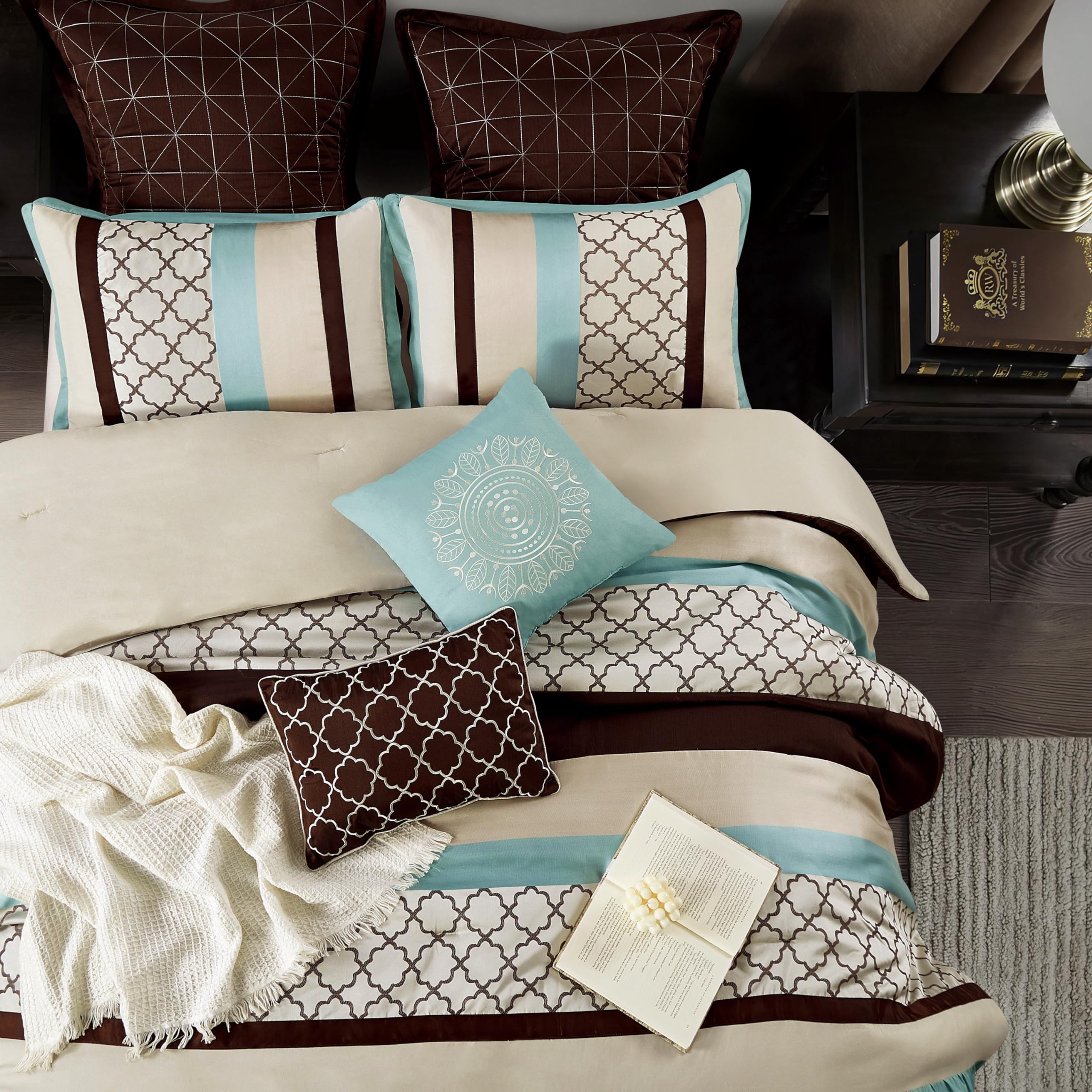 Stratford Park 8-Piece Queen Size Comforter Set - Striped Pintuck Design in Aqua Brown | Includes Matching Bedskirt, Pillows & Shams | Perfect for Master Bedroom, Guest Room & Vacation Homes