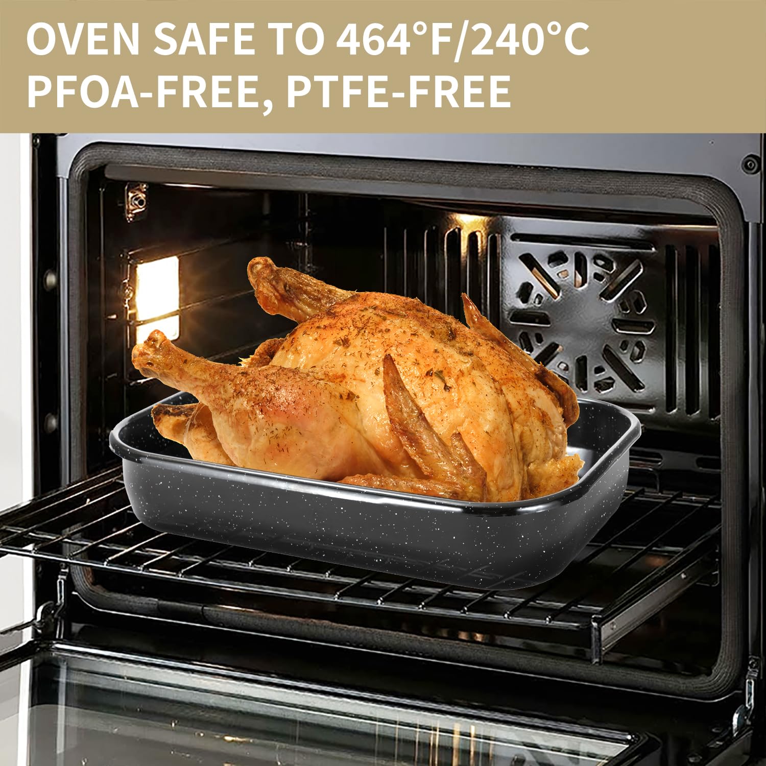 JY COOKMENT 16 x 11 Inch Large Roasting Pan with Rack - Heavy Duty Turkey Roaster Pot for Oven Baking (Up to 20lbs) - Perfect for Thanksgiving, Christmas, and Holiday Family Dinners