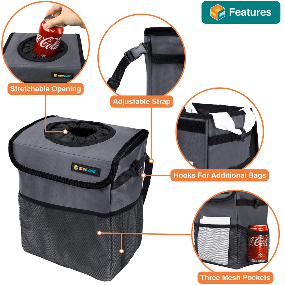 Waterproof Car Trash Can with Lid & Mesh Pockets - Leakproof Hanging Auto Garbage Bin for Car, Truck, SUV | Trash Bag Organizer for Headrest & Console | Perfect for Road Trips, Commuting & Family Travel (Dark Gray)