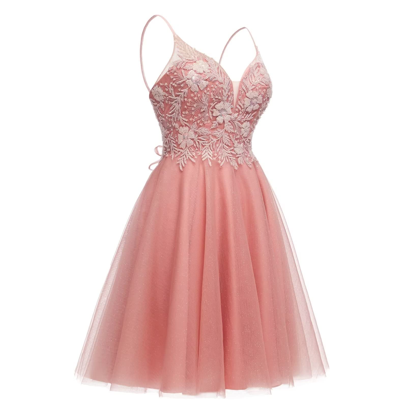 Elegant Champagne Lace Homecoming Dress for Teens - Short Tulle Prom Dress with Beaded Details | Women's Cocktail Party Dress Size 14 | Perfect for Homecoming, Prom Night & Special Occasions