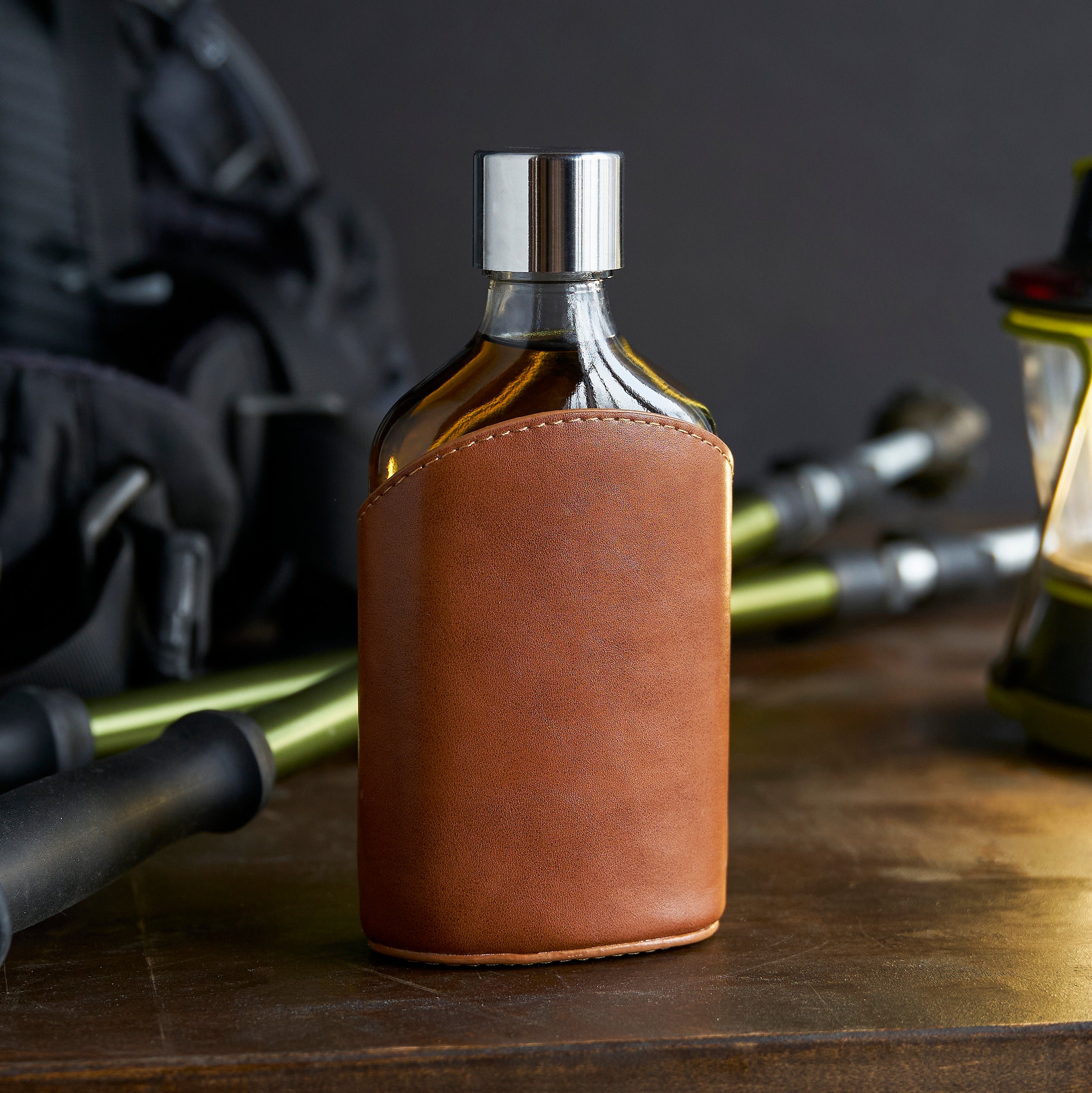 Premium Parker Leather Wrapped Glass Flask - Elegant Stainless Steel Liquor Bottle for Whiskey, Bourbon & Scotch - Perfect for Outdoor Adventures, Camping & Gifts