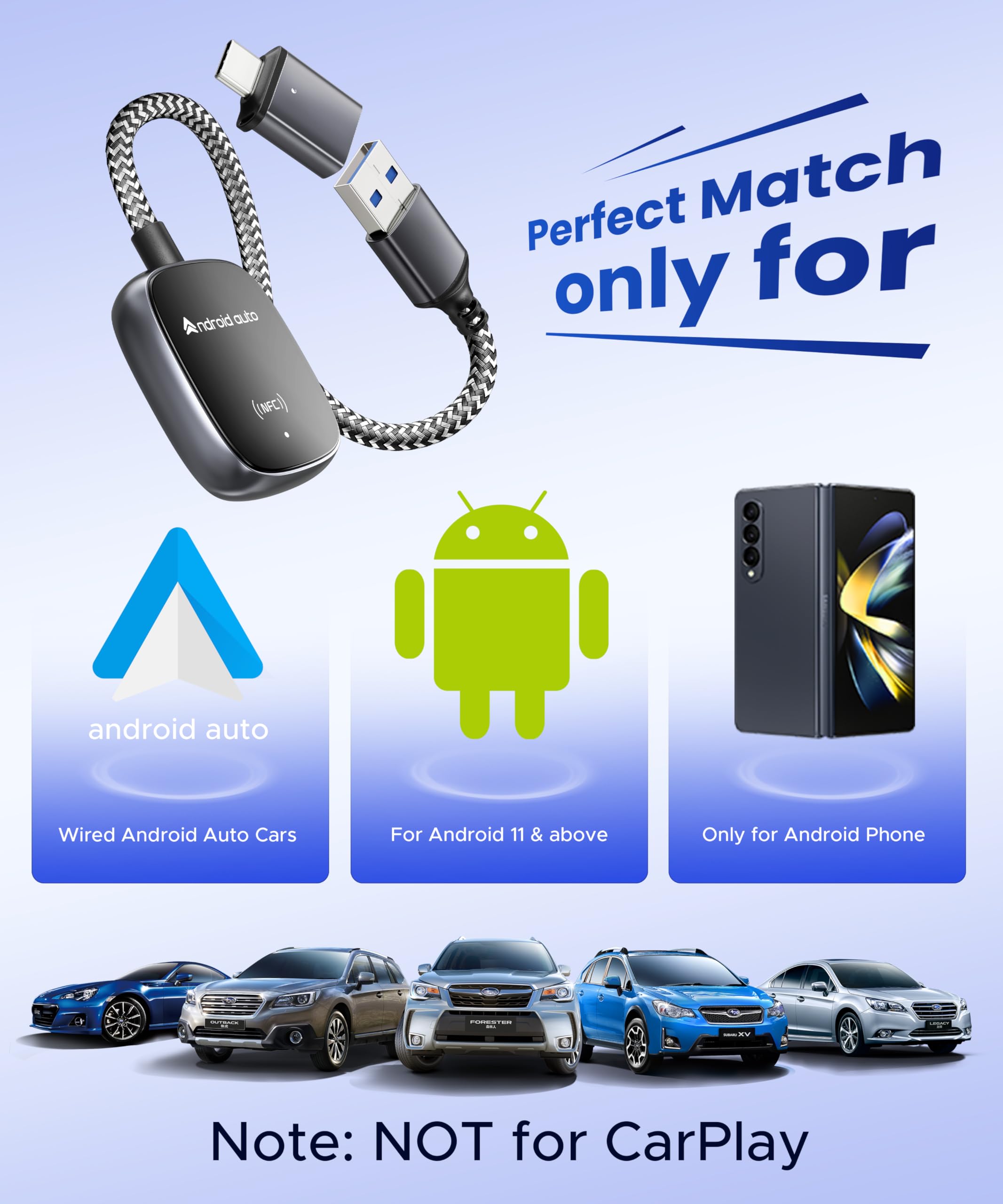 **2025 Upgraded Android Auto Wireless Adapter - NFC Tech, Ultra-Durable Wire, Latency-Free - USB-A/USB-C Aluminum Car Adapter for Android Phones (2015+ Cars) | Perfect for Hands-Free Driving & Seamless Music Streaming**