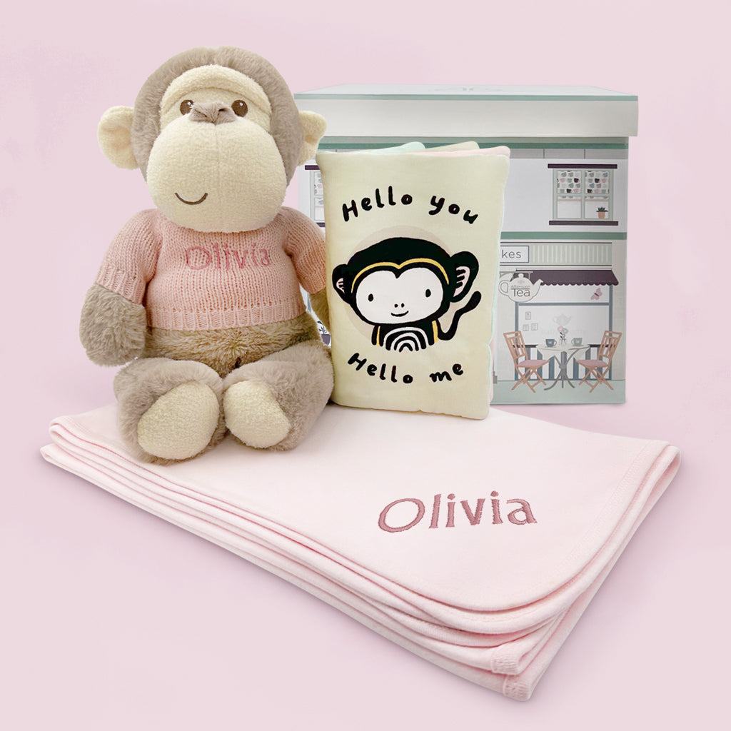 Personalized Morris Monkey Plush Toy with Snuggle Wrap & Storybook - Pink Cuddly Stuffed Animal for Babies, Toddlers, Kids | Perfect for Nursery Decor, Birthday Gifts & Comfort Companions