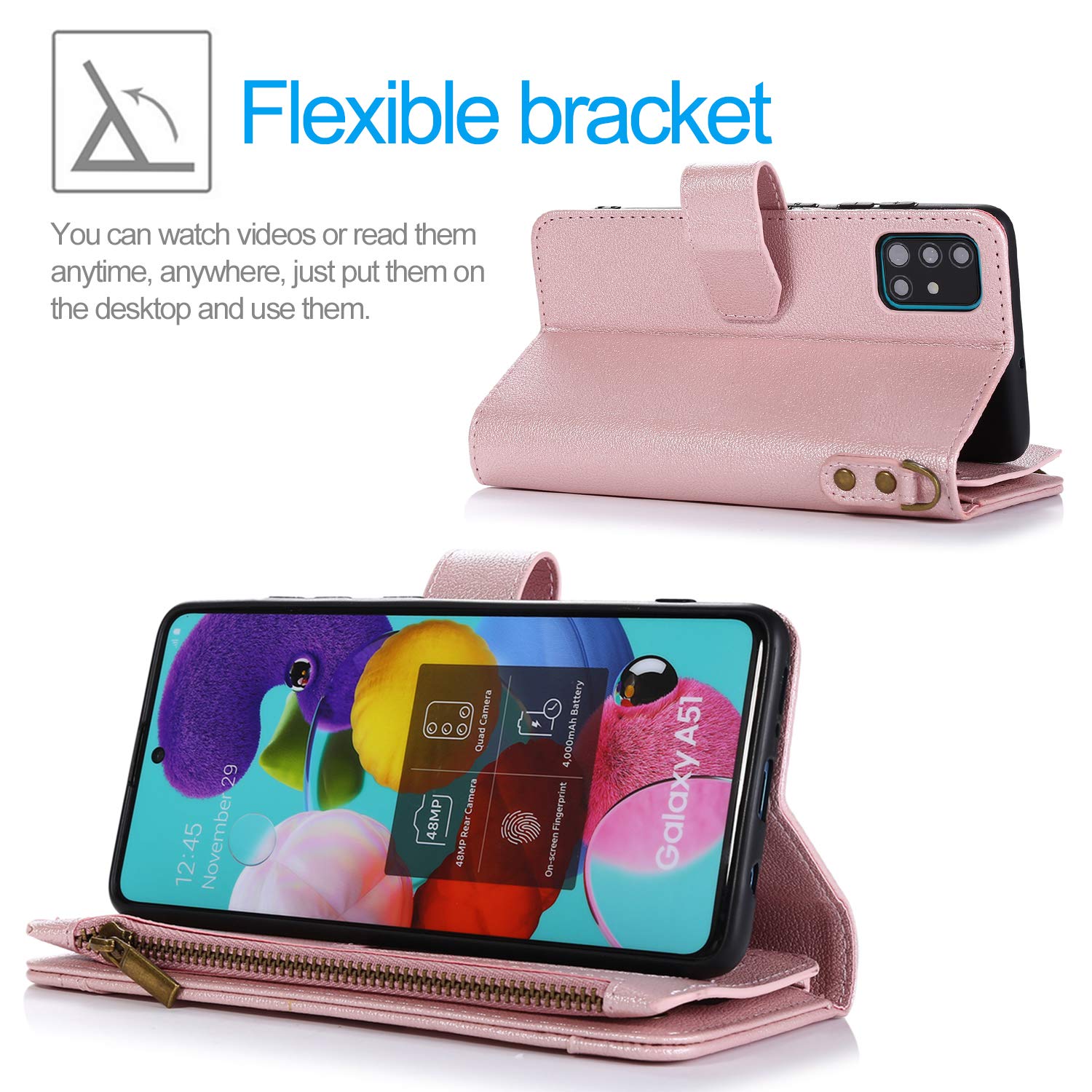 Premium Leather Wallet Case for Samsung Galaxy A41 - Card Holder, Kickstand, Wrist Strap & Magnetic Closure | Large Capacity Zipper Purse | Perfect for Work, Travel & Everyday Use (Rose Gold)
