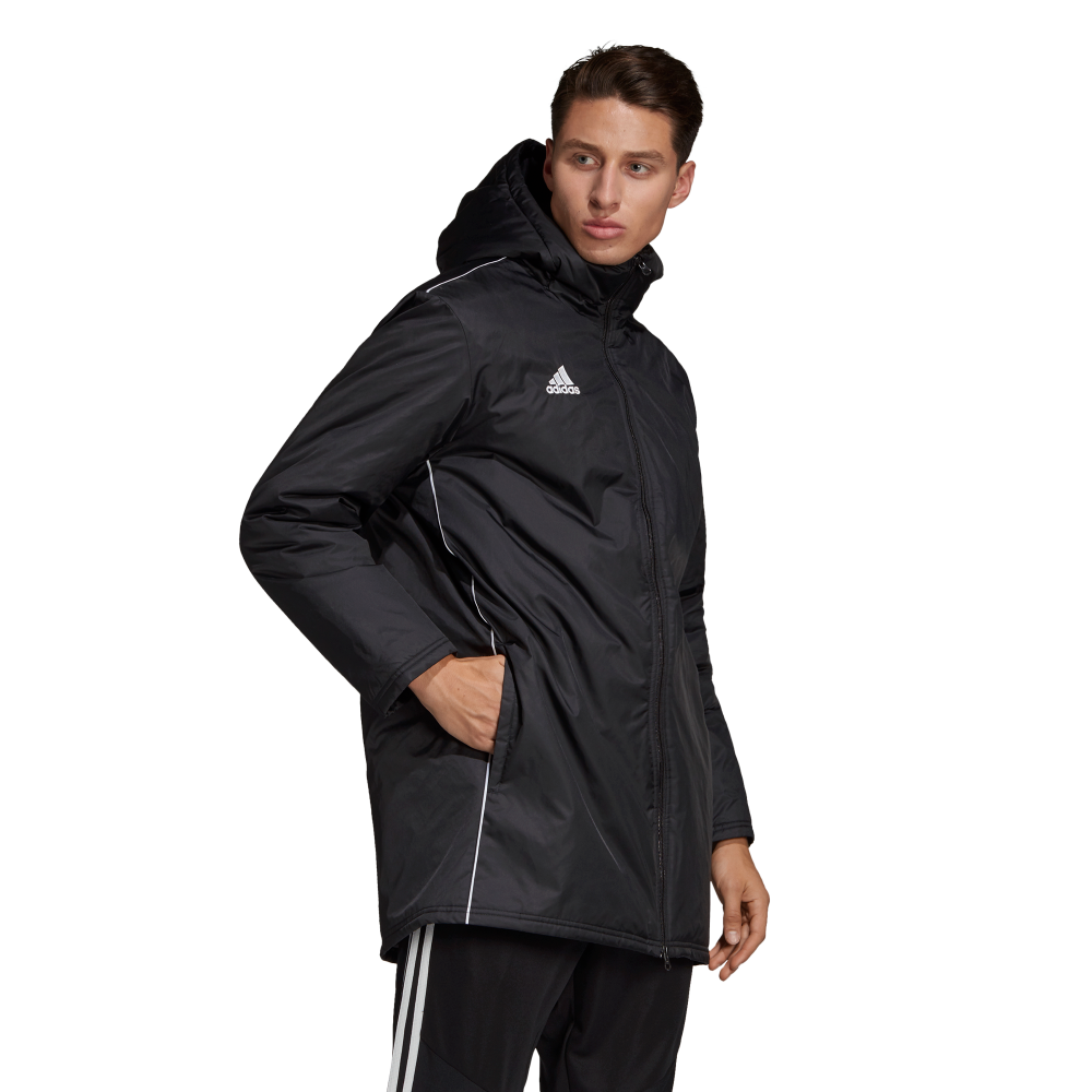 Adidas Core 18 Stadium Jacket for Men - Lightweight Windbreaker with Hood, Black & White Athletic Jacket - Perfect for Running, Training & Outdoor Sports